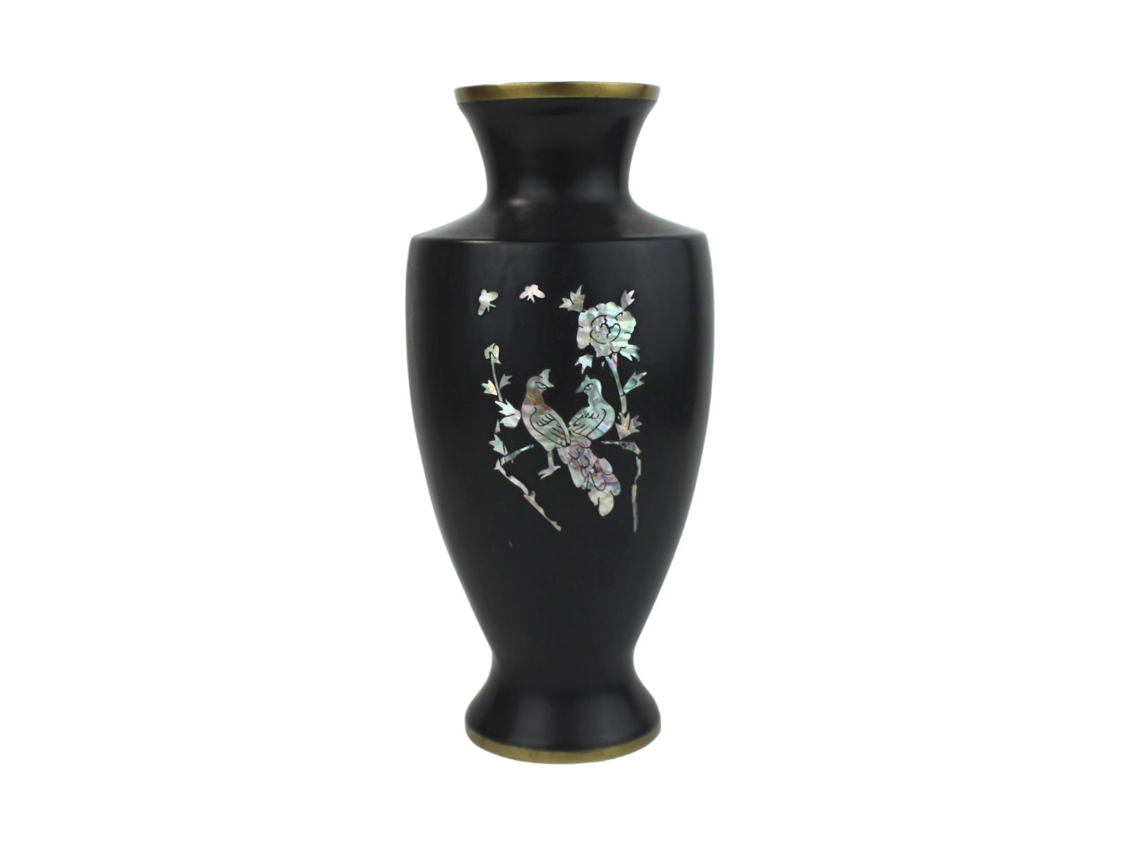 Asian Black Mother of Pearl Inlay Vase: A Korean brass vase with a matte black finish, inlaid with mother-of-pearl designs of birds and flowers. Features a polished brass interior and a maker’s label on the base. The vase measures
