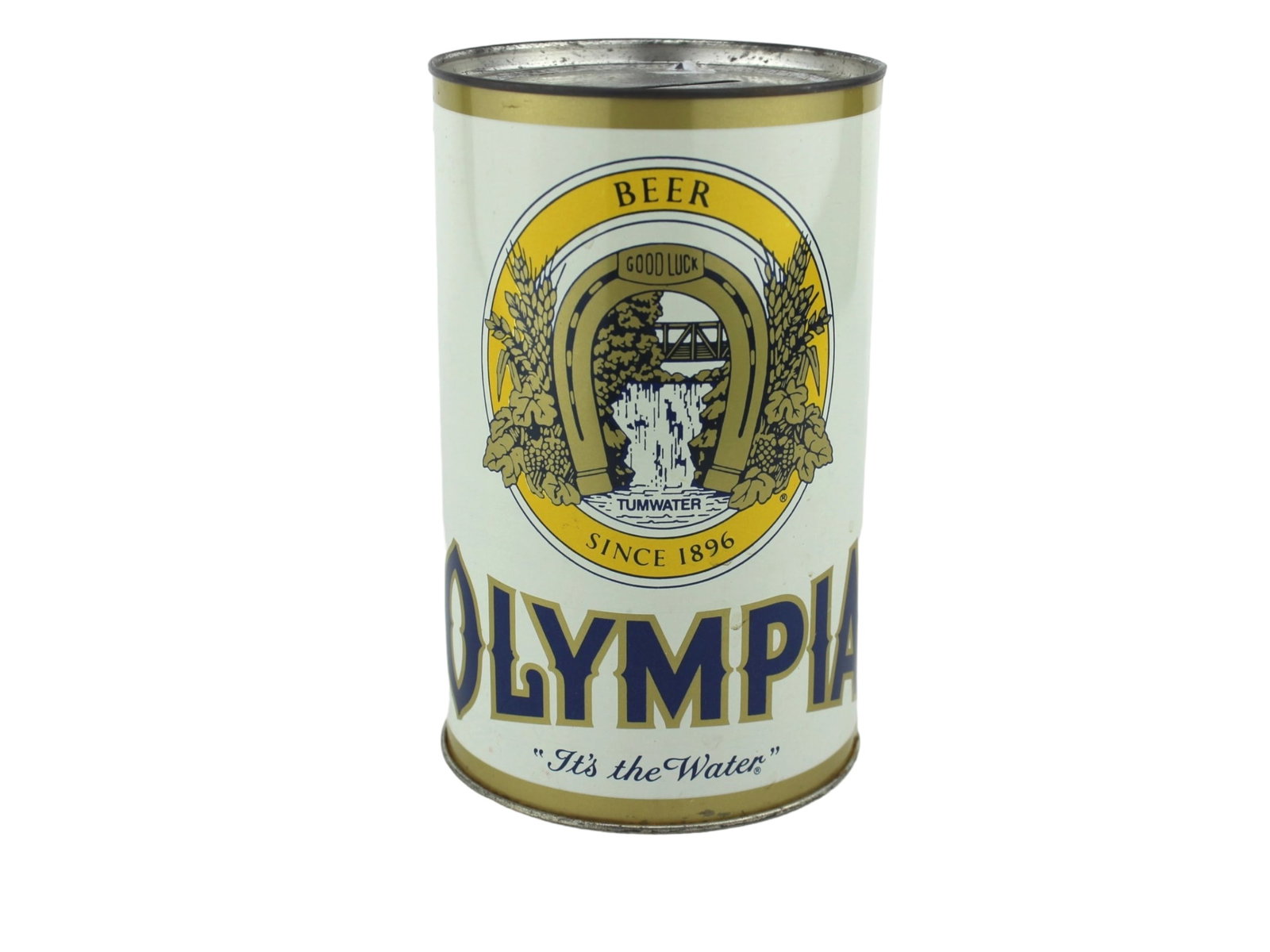 Olympia Beer Steel Money Bank Tin: Vintage Olympia Beer steel coin bank tin, standing 5 3/4 in. high. Features classic “It’s the Water” graphics with horseshoe and waterfall motif. Bottom marked J.L. Clark Mfg. Co. Condition