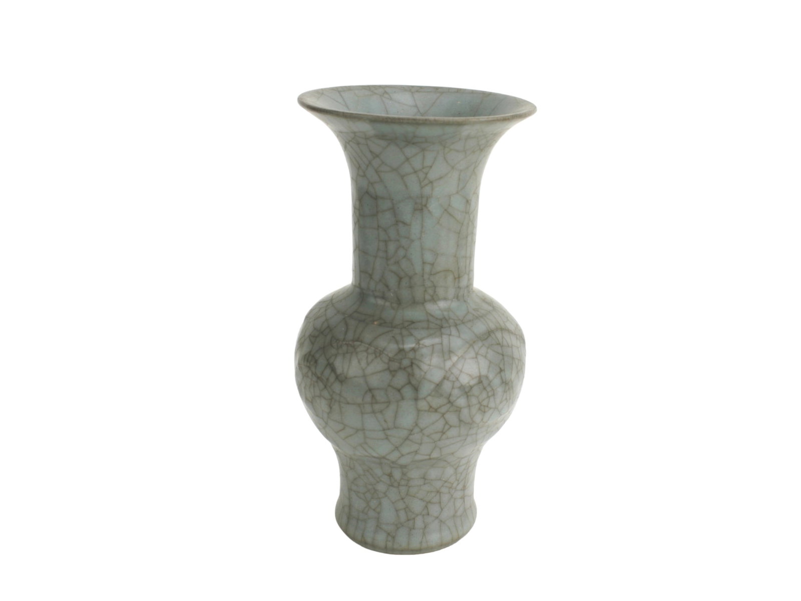Chinese Guan-Style Crackle-Glazed Porcelain Vase: A porcelain vase with pale celadon glaze and fine crackle pattern, featuring a flared mouth, globular body, and unglazed foot rim. It measures approximately 8 1/2 in. tall. Age appropriate wear.