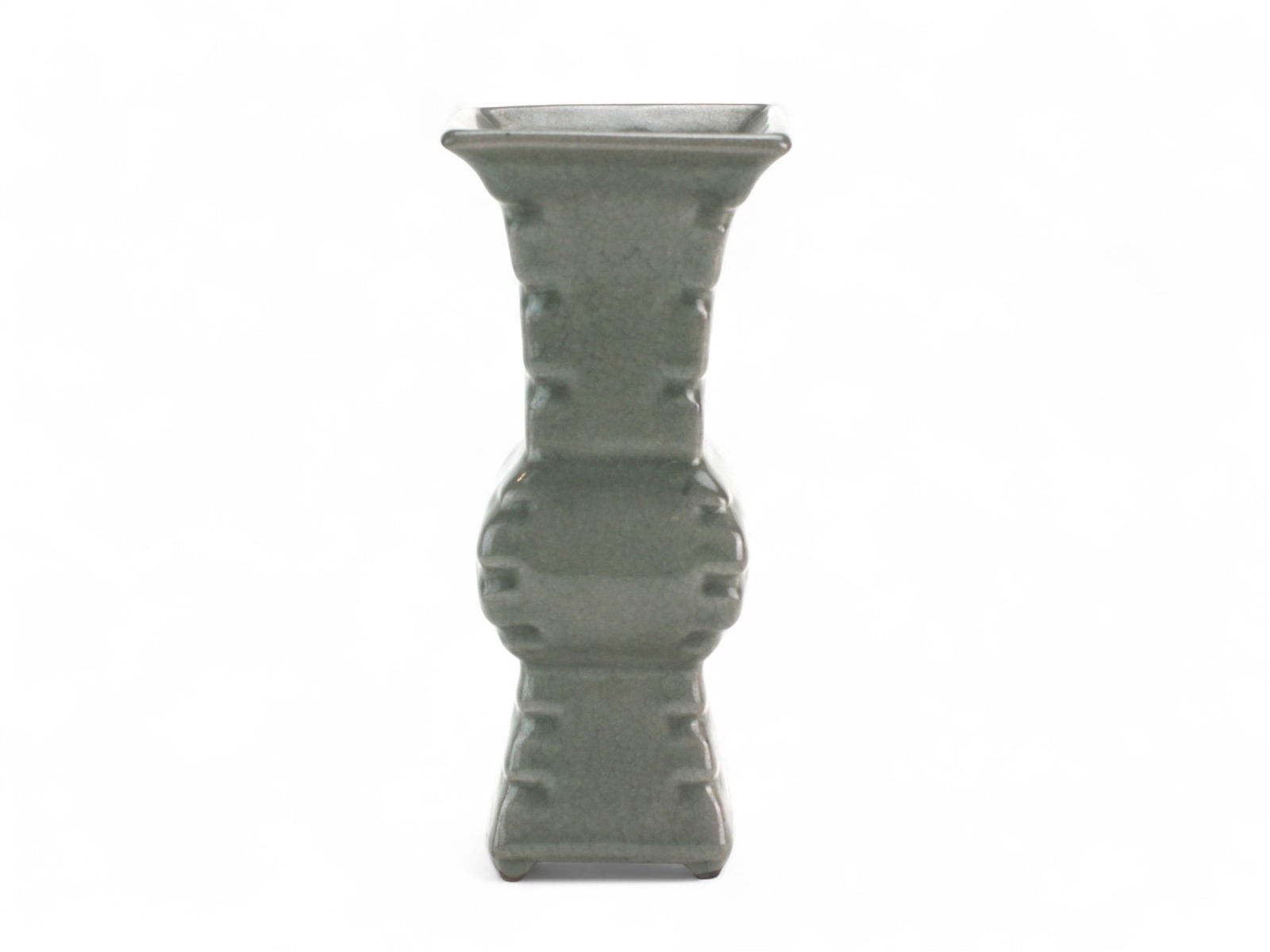 Chinese Ge-Style Celadon Glazed Cong Vase: Chinese celadon-glazed cong-form vase with raised bands, notched corners, and fine Ge-type crackle. Supported on four small feet with burnt tips. Approx. 8 3/4 in. H x 4 in. L x 4 in. W. Very good con