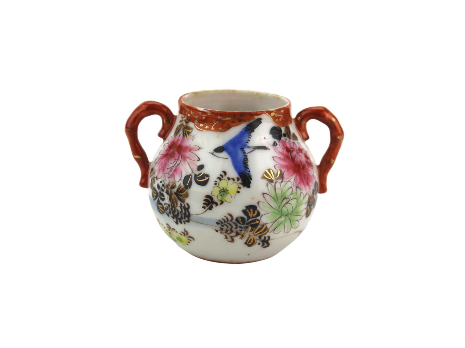 Japanese Hand-painted Floral Sugar Bowl: A charming Japanese porcelain sugar bowl, hand-painted with colorful floral motifs and a vivid blue bird, accented with gold detailing. Features dual red handles and a scalloped red and gold rim.