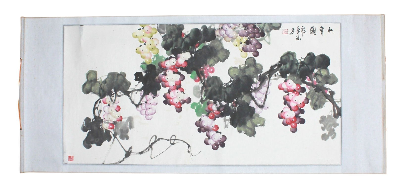 Chinese Watercolor Scroll of Hanging Grapes: Chinese watercolor scroll painting of hanging grape clusters in vivid purple, red, and green tones with expressive brushwork. Light foxing and minor creases, overall good condition. Painting approx.