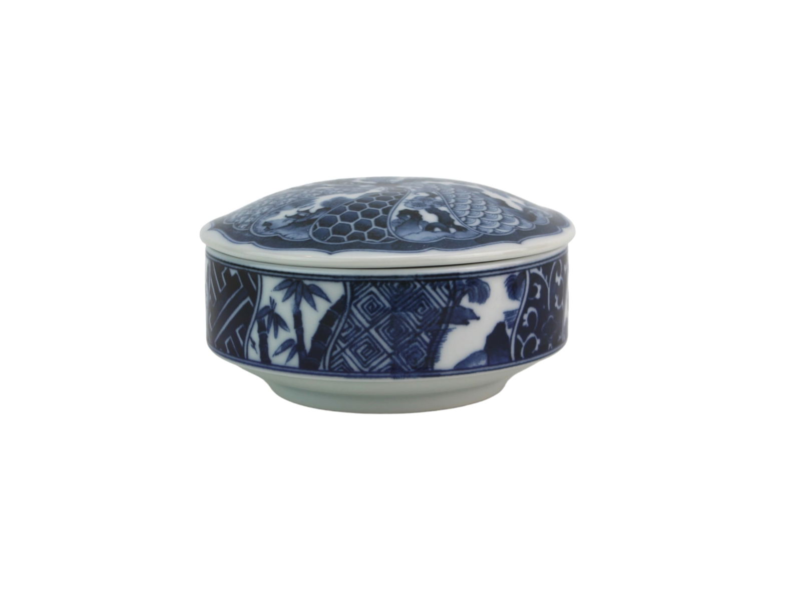 Blue Kyoto Mann Fine Porcelain Trinket Box: Blue Kyoto fine porcelain trinket box by Mann, featuring intricate cobalt blue patterns on the lid and sides. Measures approx. 5 in. (D) X 2 1/2 in. (H). In excellent condition with no visible chips o