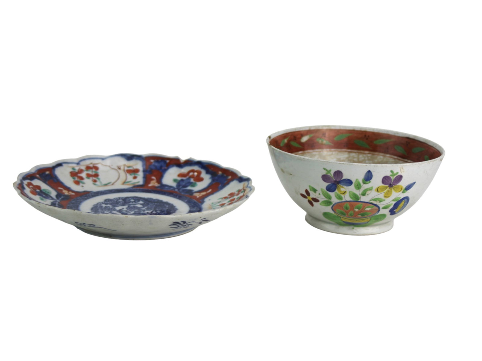 Two Asian Porcelain Items: Includes one Japanese Imari Plate in 8 1/2 in. (D); and one Chinese Famille Rose bowl in 6 1/4 in. (D). Chips on rims.
