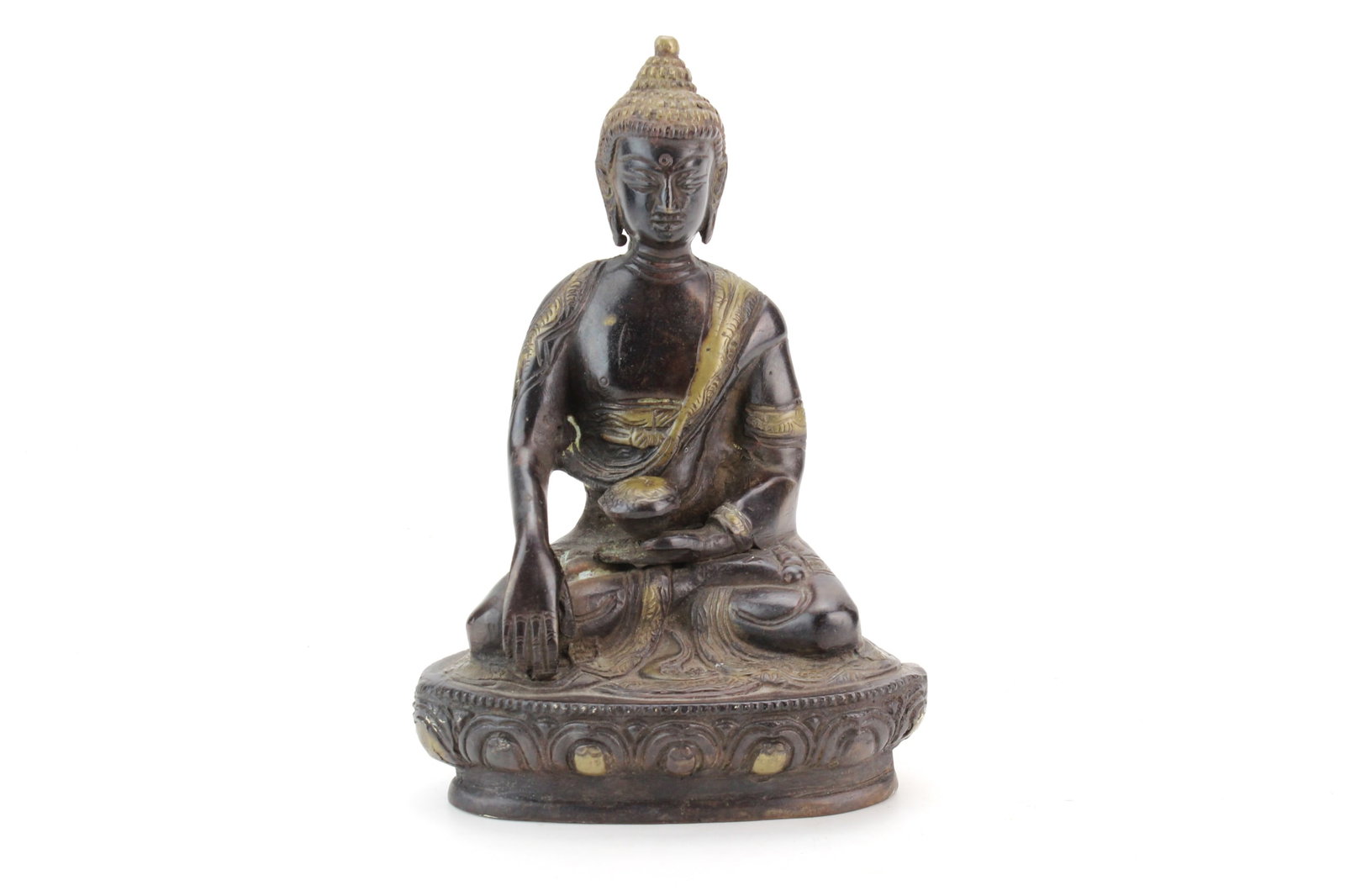 Bronze Seated Buddha Figure: Bronze seated Buddha figure with gilt-highlighted robes and lotus pedestal, depicted in the earth-touching (Bhumisparsha) mudra. Measures approximately 7 in. (H) ? 5 in. (L) ? 3 in. (W). Condition: