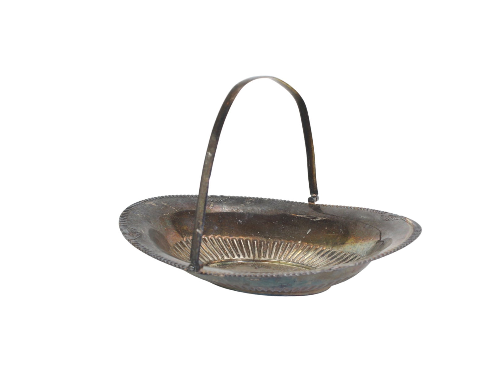 Vintage Silver Plate Basket Bowl With Handle: Vintage silver plate oval basket bowl with a fixed handle and shell and ribbed detailing. Marked "Silver Plate England" on the bottom. Tarnishing, surface wear, and discoloration present throughout.