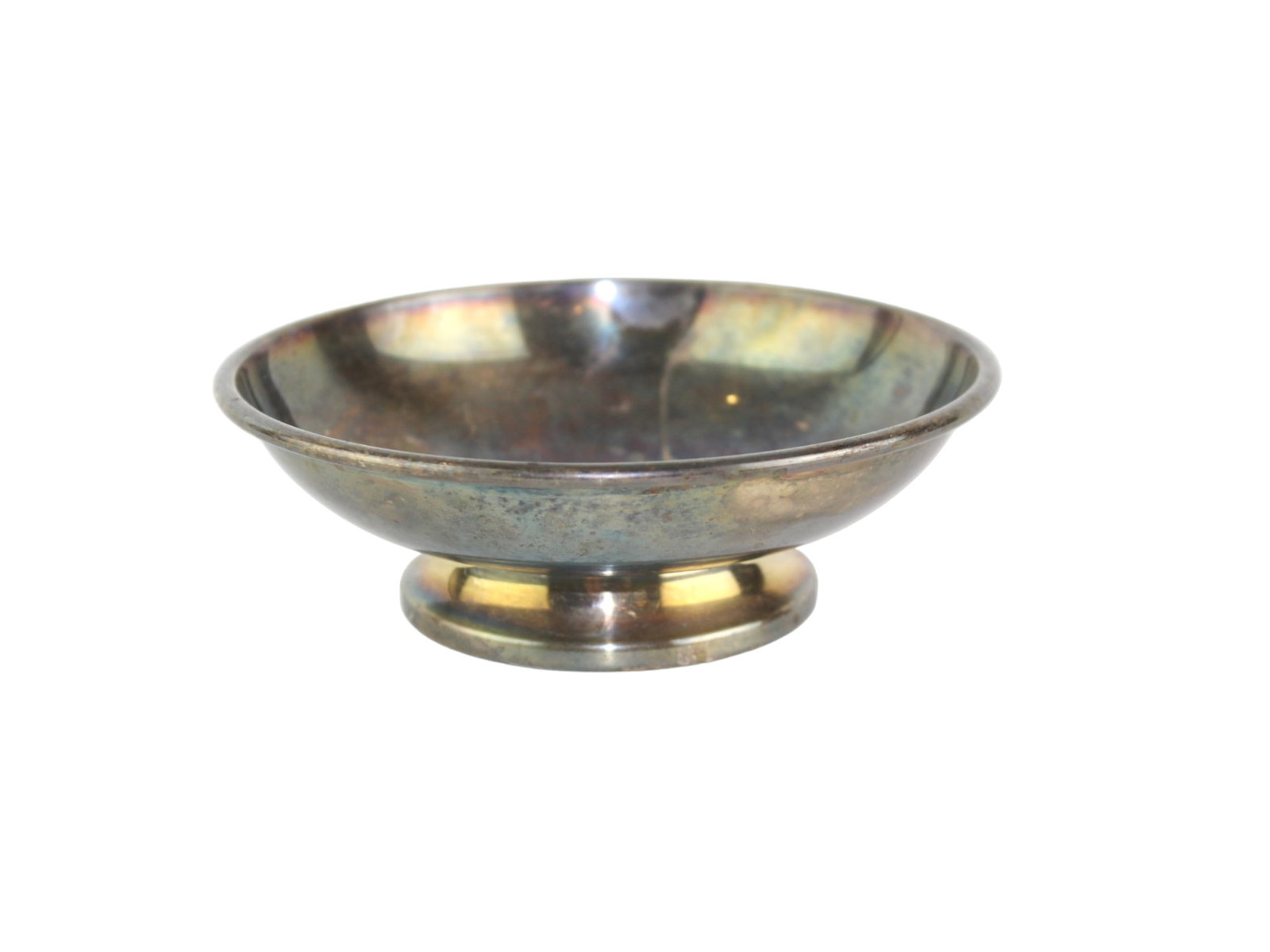 Cheshire Silver Plate 105 Bowl: A vintage Cheshire Silverplate bowl, model 105, measuring approximately 5 inches in diameter and 1 1/2 inches in height. The bowl features a flared rim and pedestal base. Surface shows moderate