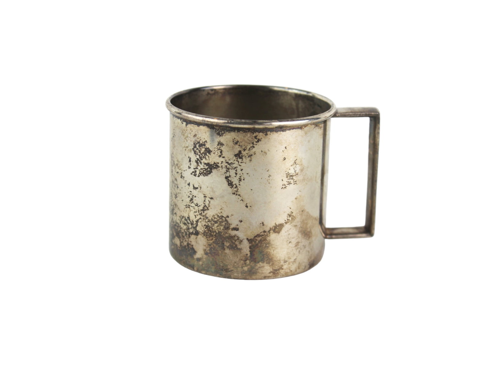 1881 Rogers 71300 Silverplate Baby Cup: A vintage silverplate baby cup by 1881 Rogers, marked model 71300. Approx. 2 1/2 inches in diameter and 2 1/4 inches in height. Features a squared handle and cylindrical form. The surface exhibits