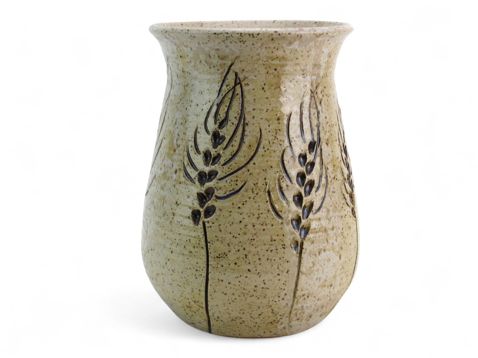Pottery Vase with Wheat Motif Design: Pottery vase with wheat motif, speckled beige glaze, signed base, good condition with minor firing marks. Size: 8 in. (H) x 6 in. (D).