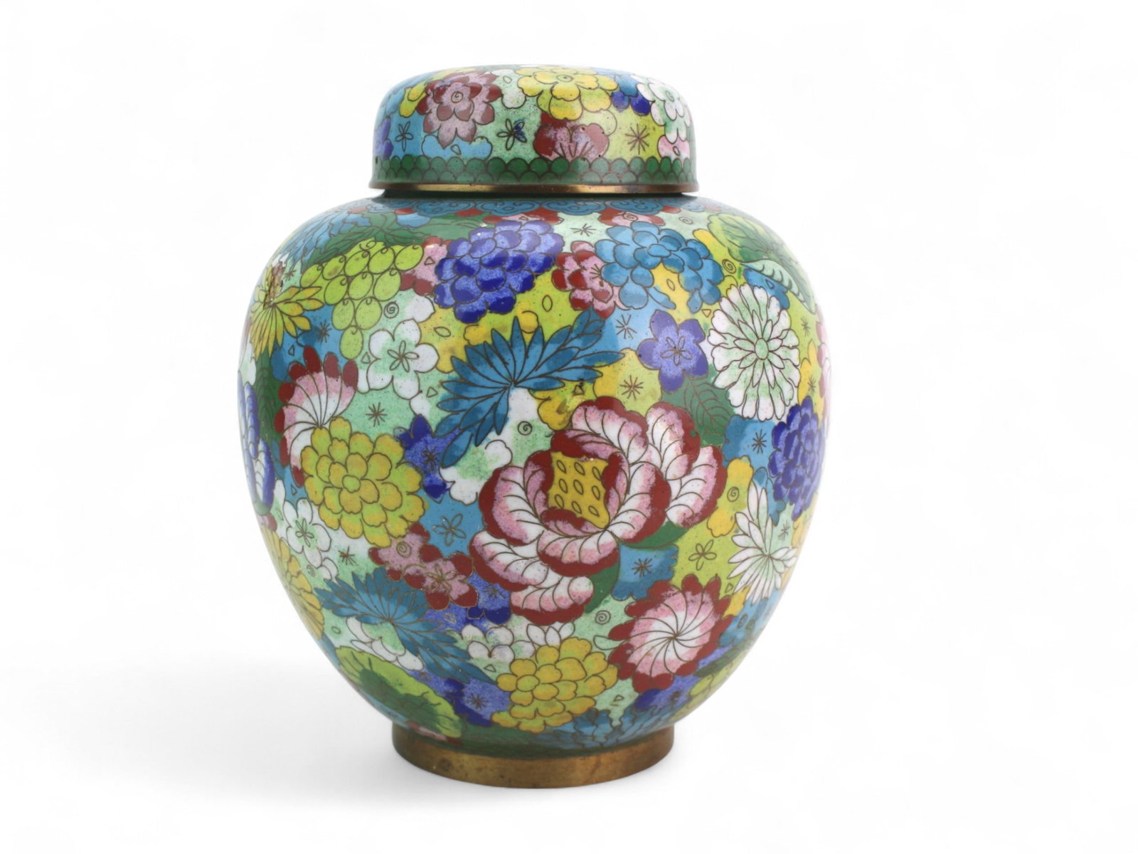 Chinese Cloisonne Floral Lidded Jar: Chinese cloisonne lidded jar with vibrant floral designs in multicolor enamels. Gilt accents at rim and foot, with one area of enamel loss; overall good condition. Size: 9 in. (H) X 8 in. (D).