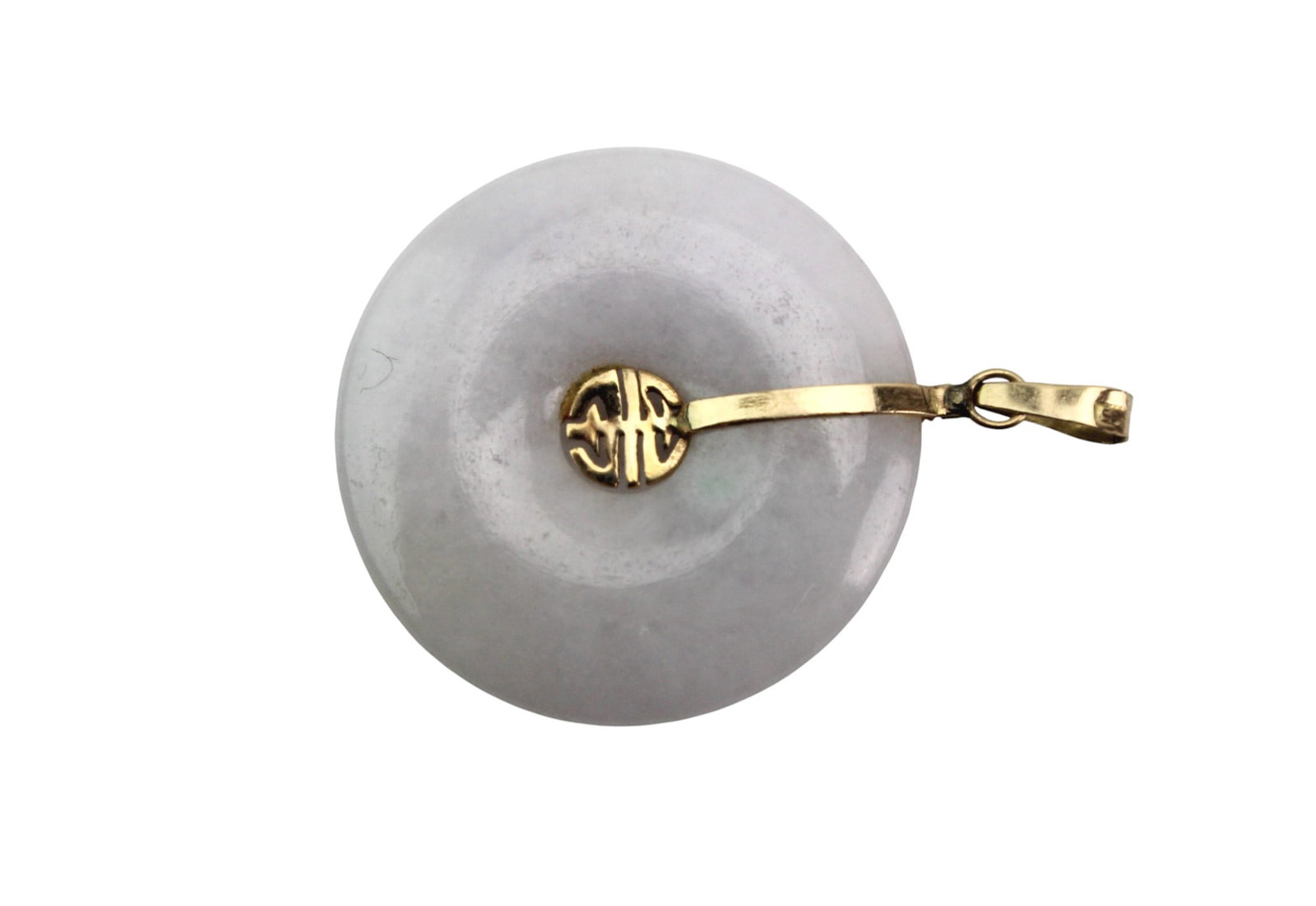 Jadeite Bi Pendant with 10K Gold Mount: Jadeite disc pendant with 10K gold mount and openwork longevity symbol. Smooth polished surface with minor inclusions and light wear. Approx. 21.3 mm in diameter.