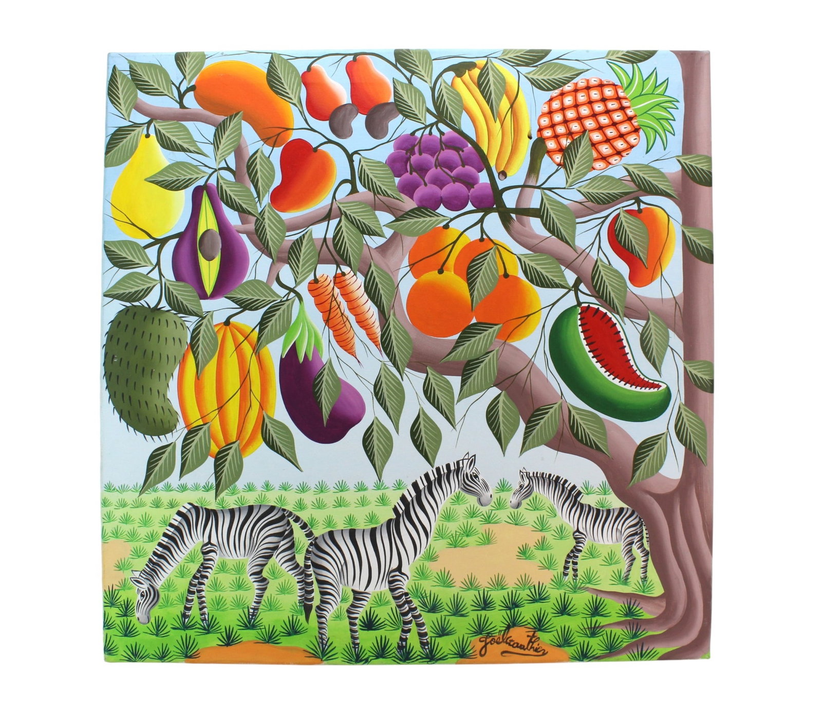 Vibrant Zebras and Fruit Tree Oil Painting: Colorful oil on canvas of zebras under a fruit tree, signed ?Joel Gauthier.? Vibrant tones, very good condition. Size approx. 24 in. (H) x 24 in. (W).