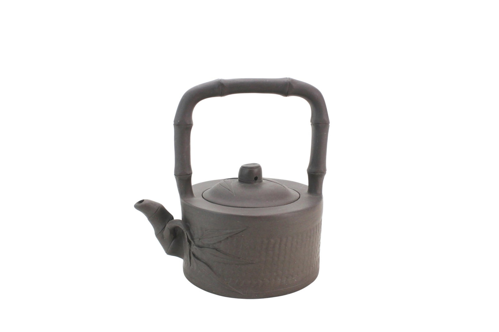 Yixing Zisha Bamboo-Handle Teapot: Yixing zisha teapot with bamboo-style handle and leaf decoration, with marks on the bottom and lid, approx. 6 in. (H) X 5 1/2 in. (L) X 4 1/2 in. (W). Good condition with minor wear and firing marks.