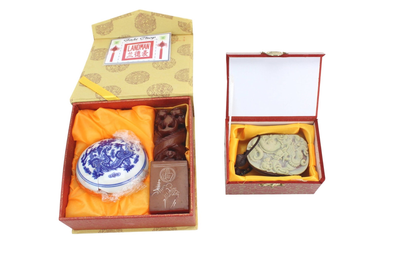 Chinese Seal, Ink Box & Hardstone Pendant Set: Group of Chinese tabletop items and accessories including a carved seal in 4 3/4 in. (H), blue-and-white porcelain ink box 3 in. (D) with dragon decoration, and a carved hardstone pendant with cord
