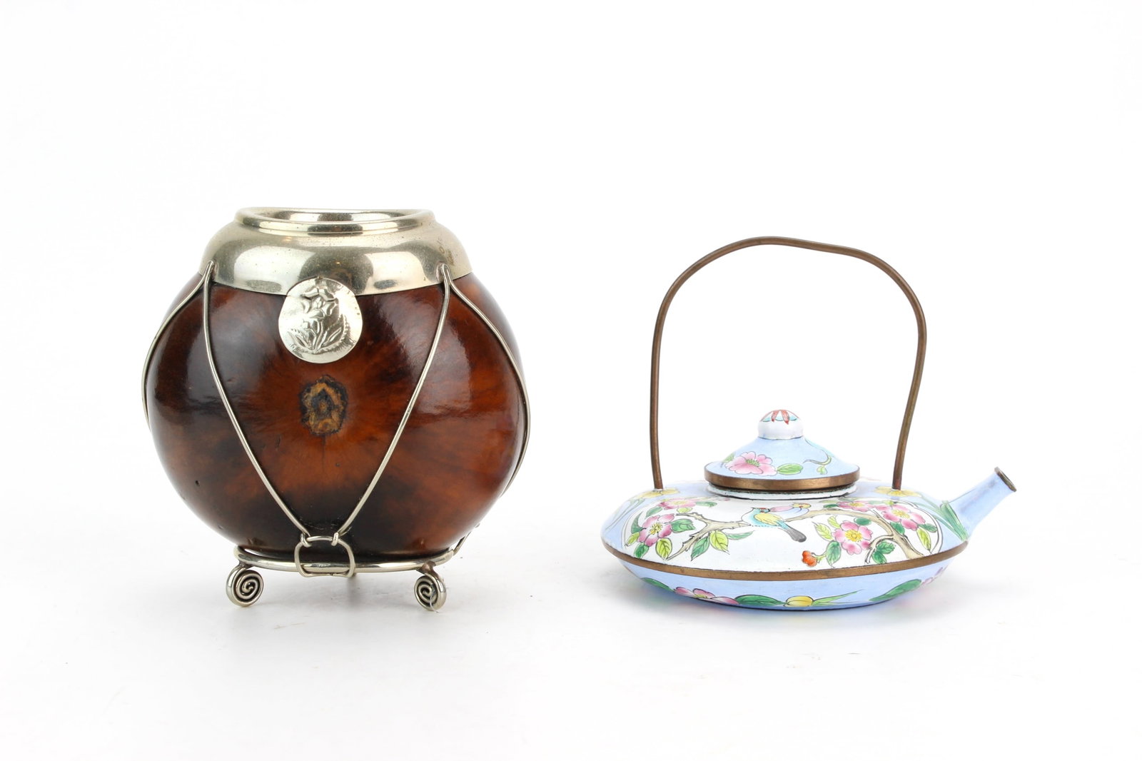 Chinese Enamel Teapot & Mate Gourd: Lot of two collectibles including a Chinese enamel teapot with floral and bird decoration, and a South American yerba mate gourd mounted with alpaca silver rim and stand. Gourd measures approx. 4 in.