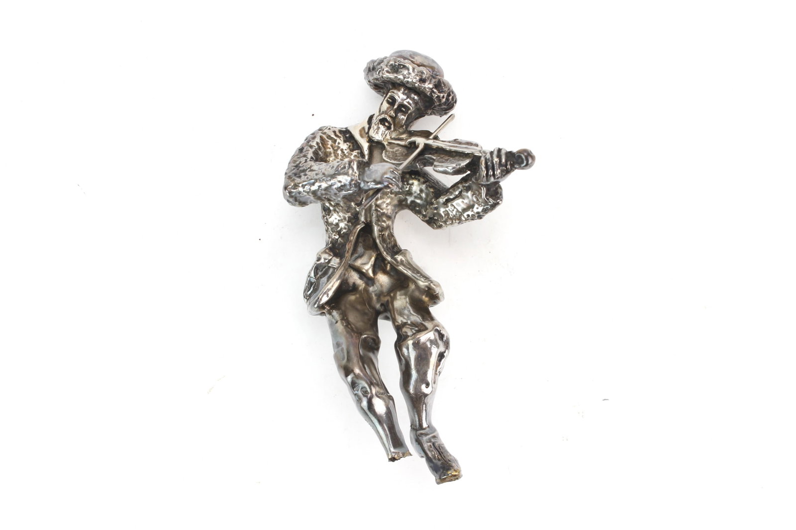 Sterling Silver Violinist Figurine: Weighted sterling silver figurine depicting a violinist, marked ?925.? Measures approx. 6 inches in height. Shows noticeable wear including dents, surface scratches, tarnish, and losses to the feet