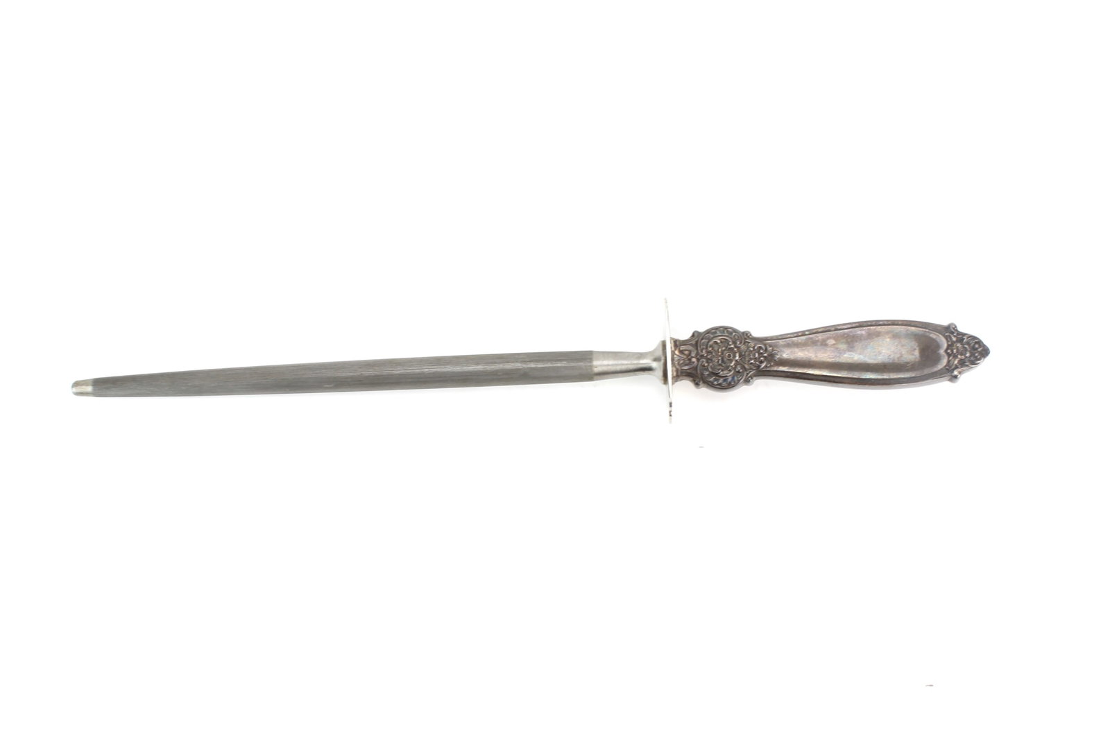 Steel Knife Sharpener w Sterling Handle: Large steel rod knife sharpener with ornate sterling silver handle (marked ?sterling?). Measures approx. 13 3/4 in. (L) overall; handle approx. 5 in. (L). Shows surface wear, scratches, tarnish, and p