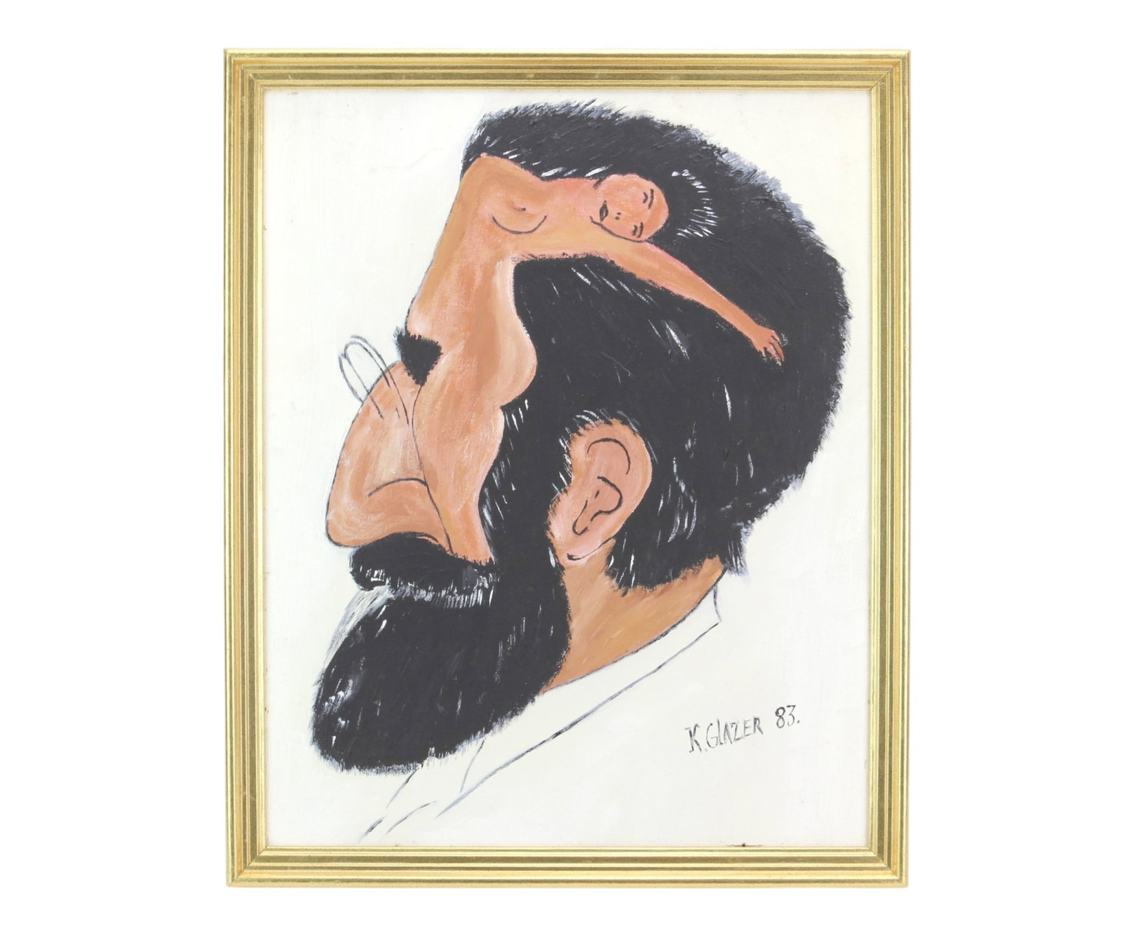 Framed Figural Oil Painting Signed 1983: Framed oil painting depicting a stylized figural composition, signed ?K. Glazer 83.? Frame measures approx. 17 1/2 X 21 1/2 in. Shows surface wear, minor scuffs, and light discoloration to painting;