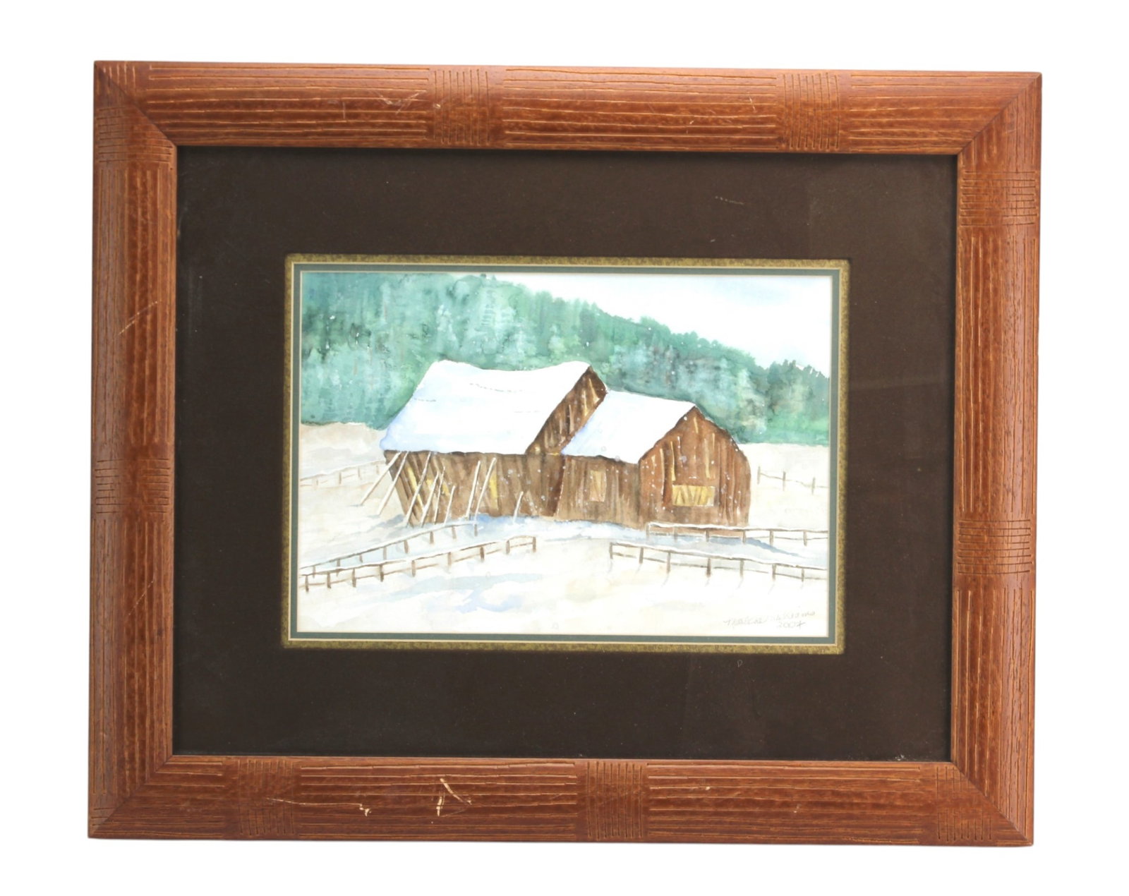 Framed Signed Winter Barn Watercolor: Framed watercolor painting depicting a snowy barn landscape, signed and dated 2007 lower right. Painting measures approx. 9 x 13 in.; frame measures approx. 18 x 22 in. Shows light toning and minor