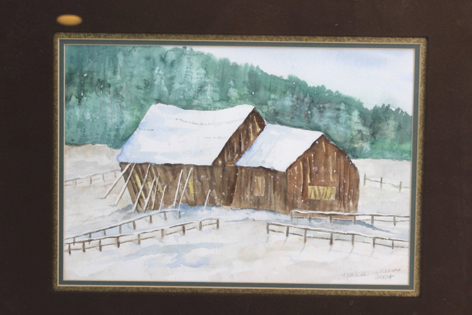 Framed Signed Winter Barn Watercolor - 2