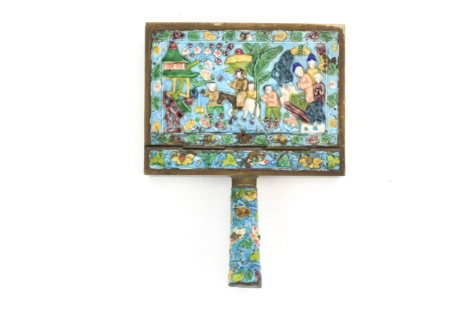 Chinese Enamel Brass Box: Chinese brass box with enamel decoration depicting figures and landscape scenes. Measures 8 in. (L) X 6 in. (W) X 2 in. (H). Shows surface wear, oxidation, enamel loss, and scratches consistent with