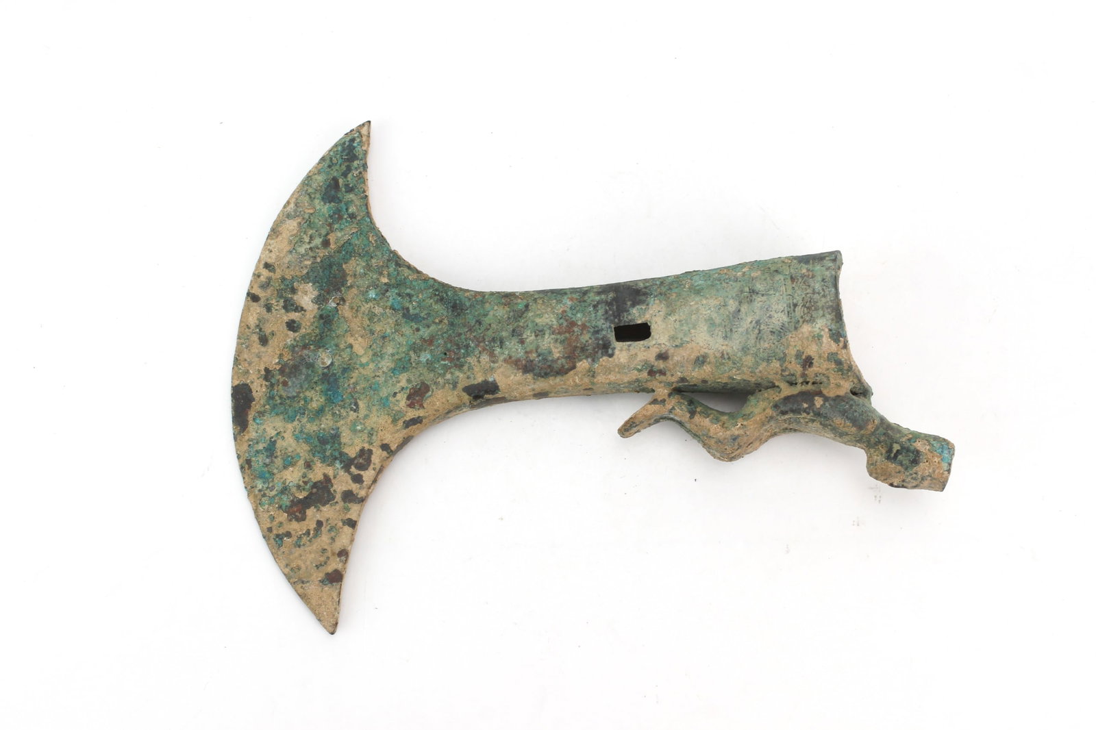 Chinese Archaic Bronze Halberd Head: Chinese archaic style bronze halberd head with tapered blade and decorative cast details. Measures approximately 8 1/2 in. (L) X 6 in. (W) X1 3/4 in. (H). Exhibits heavy oxidation, encrustation,