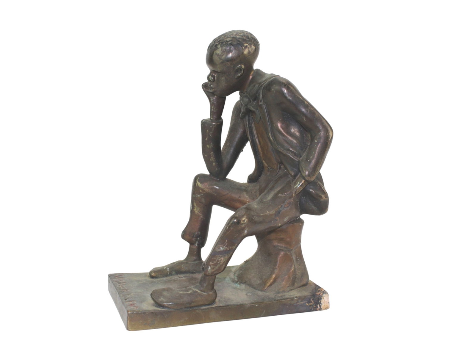 Bronze Figure "Virginia Blend": Vintage Bronze Statue Virginia Blend ? Depicts a seated man in a thoughtful pose with hand on chin, finely detailed with expressive features and period clothing. Shows age-consistent patina, light sur