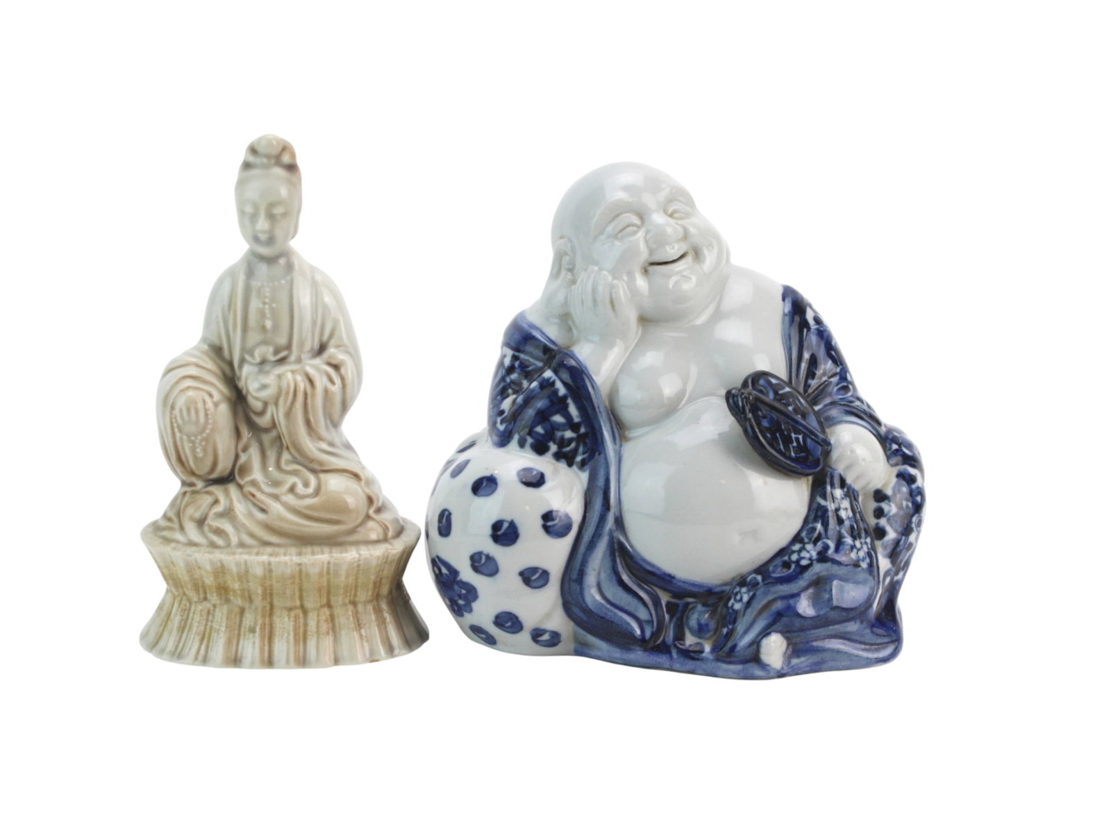 Pair of Porcelain Buddha and Guanyin: Pair of Chinese Porcelain Figures includes a blue and white laughing Buddha holding a fan and a glazed Guanyin seated on a pedestal. Both in good condition with minor glaze wear and firing flaws, no m