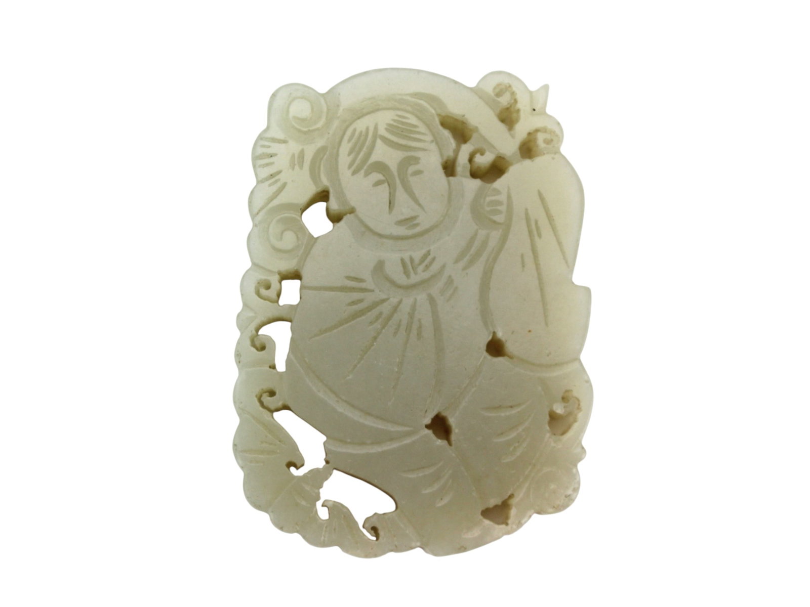 Chinese Carved Jade Pendant with Figure: Chinese Carved Jade Pendant. Finely pierced and detailed with a figure holding a large object amid scrolling motifs. Pale-tone jade with natural inclusions and minor surface wear from age. Approx.