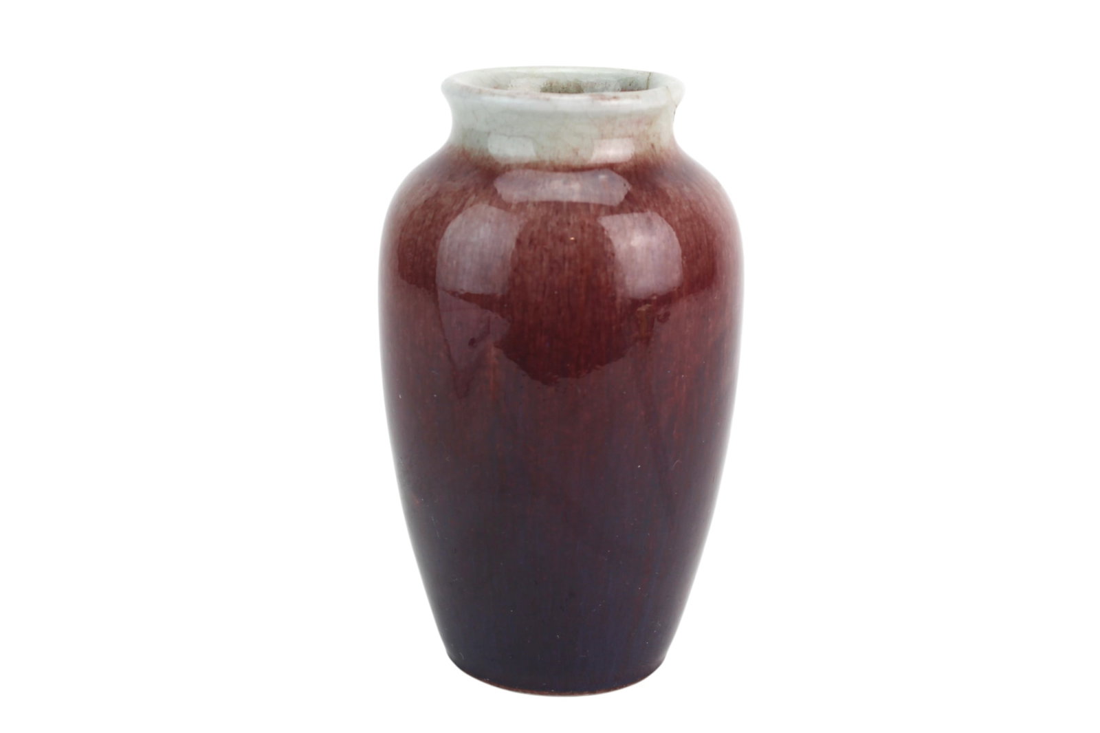 Chinese Flambe Glaze Porcelain Vase: Chinese flambe-glazed porcelain vase with aubergine and blue tonal variation. 5 in. H x 3 in.D. With light wear and minor firing imperfections, restored rim.