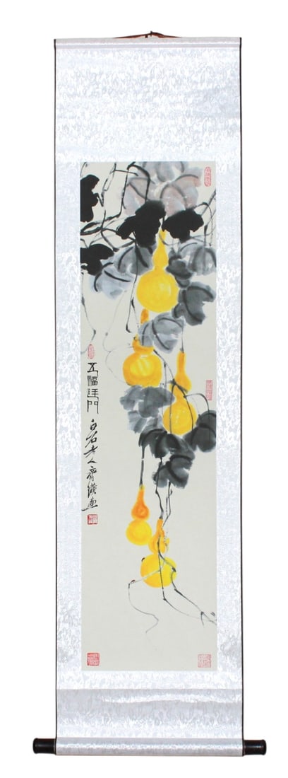 Chinese Scroll Painting of Gourds and Vines: Chinese watercolor scroll depicting yellow gourds among dark leafy vines with calligraphy and red seals, in the manner of Qi Baishi (replica). Light foxing near bottom margin, overall good condition.