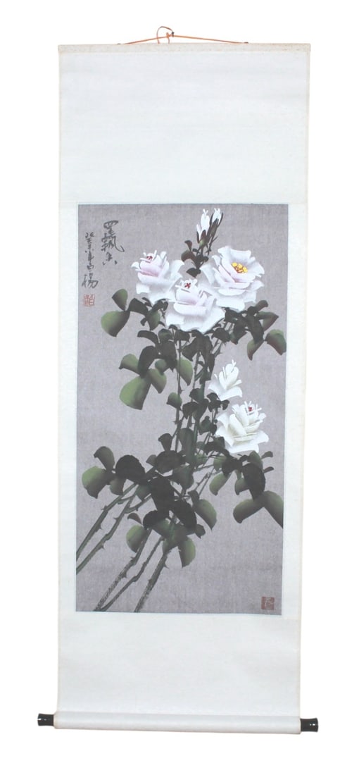 Chinese White Roses Watercolor Scroll Painting: Chinese watercolor scroll painting of white roses with pink and yellow accents on a gray background, signed and sealed by Bai Yang with artist biography attached. Light age spotting on mounting,
