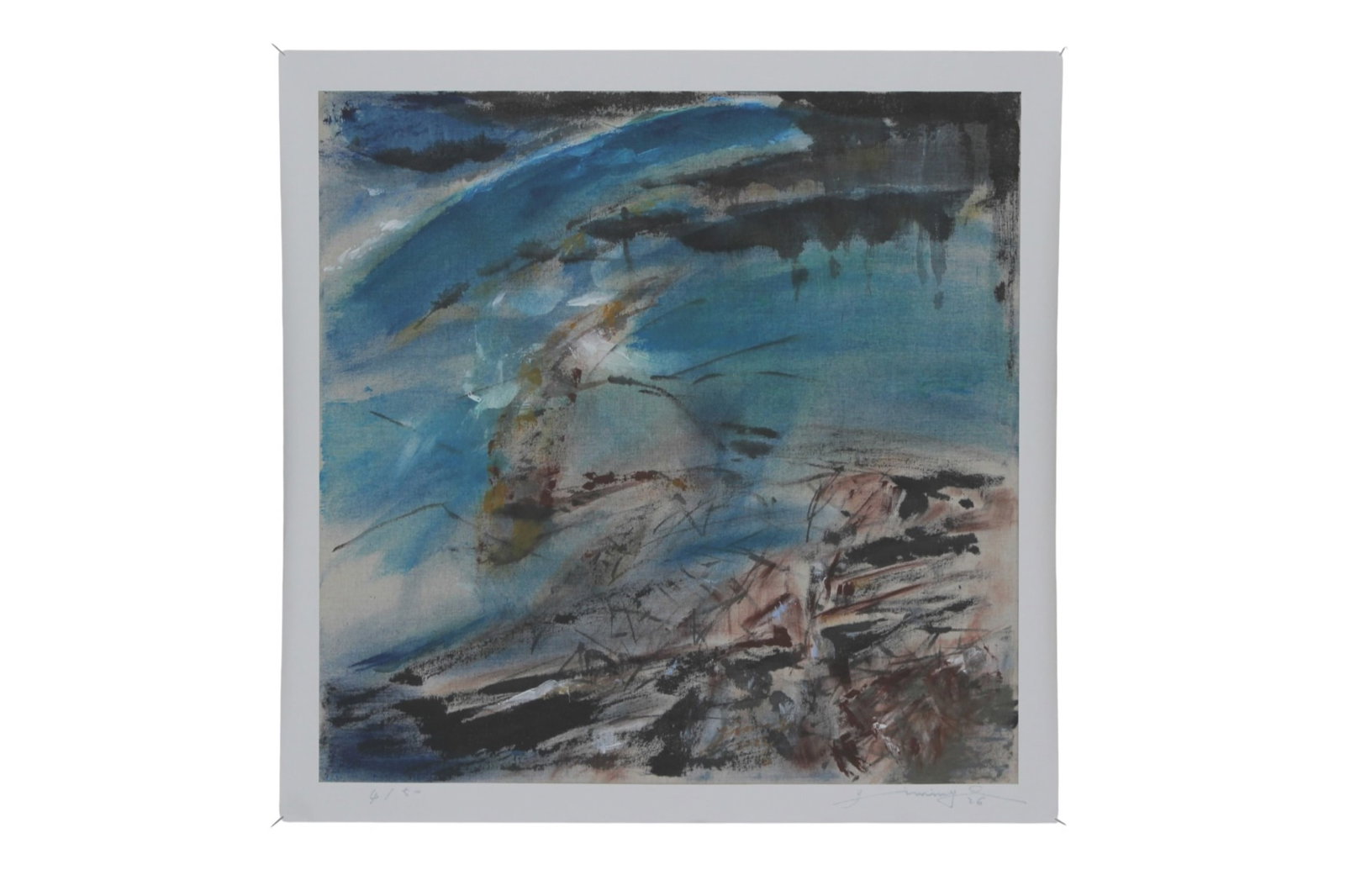 Yi Ming Signed Original Color Lithograph: Original color lithograph by Yi Ming (Chinese, b. 1974), renowned Chinese artist, designer, and fashion aesthetician. Abstract composition rendered in expressive shades of blue, black, gray, and
