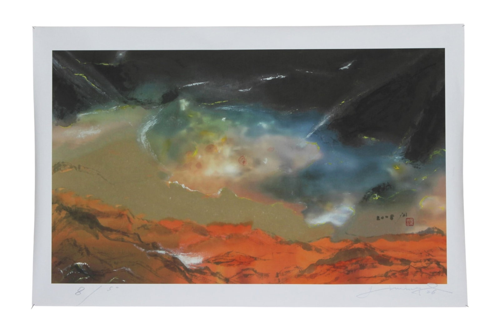 Yi Ming Signed Original Color Lithograph: Original color lithograph by Chinese artist, designer, and fashion aesthetician Yi Ming (??, b. 1974), depicting a dramatic abstract landscape in vivid orange, blue, green, and black tones. Signed in 