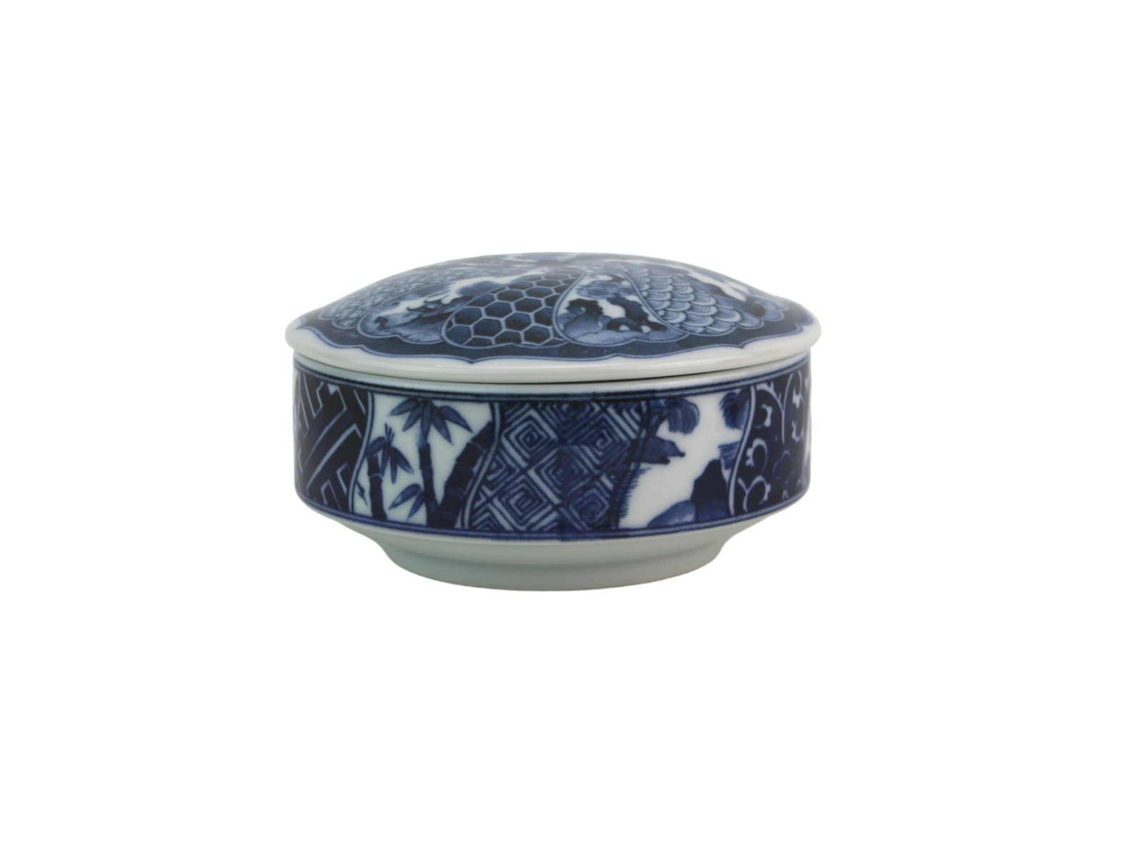 Blue Kyoto Mann Fine Porcelain Trinket Box: Blue Kyoto fine porcelain trinket box by Mann, featuring intricate cobalt blue patterns on the lid and sides. Measures approx. 5 in. (D) X 2 1/2 in. (H). In excellent condition with no visible chips