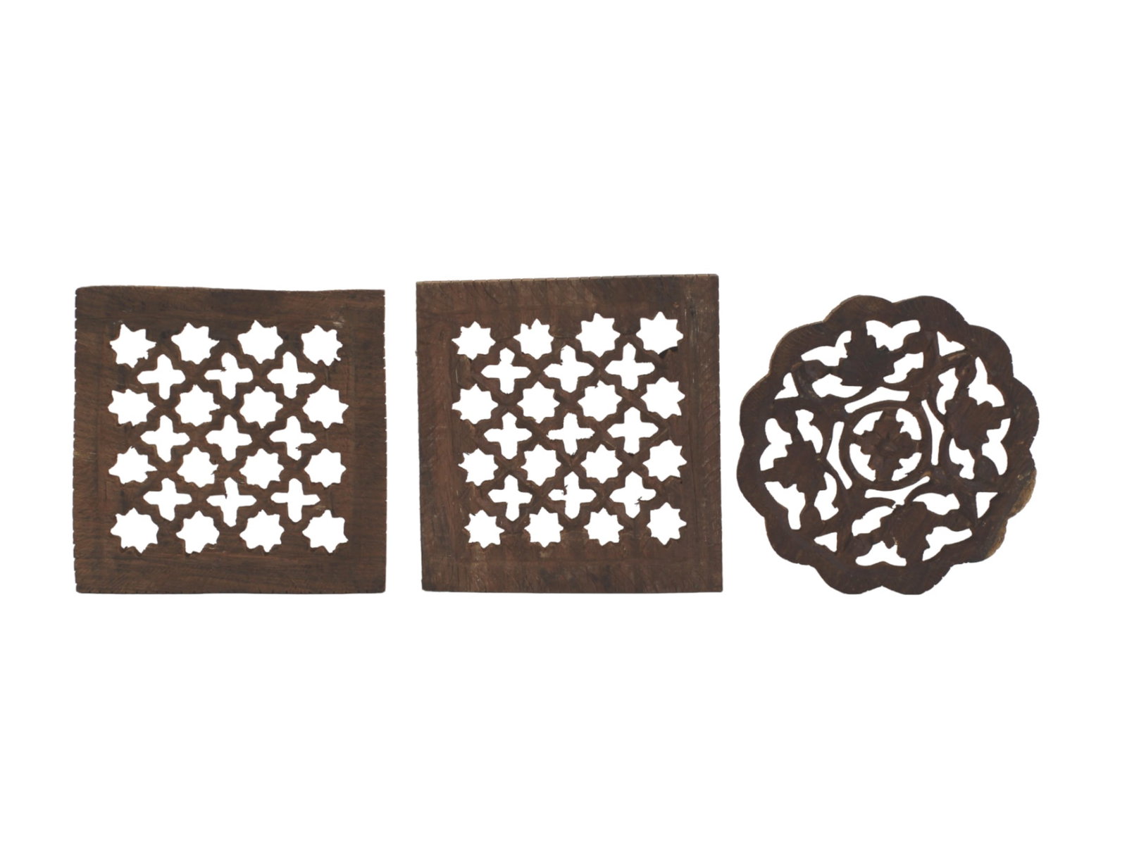 Three Carved Wood Coasters: The square coaster measures Approx. 5 X 5 in..