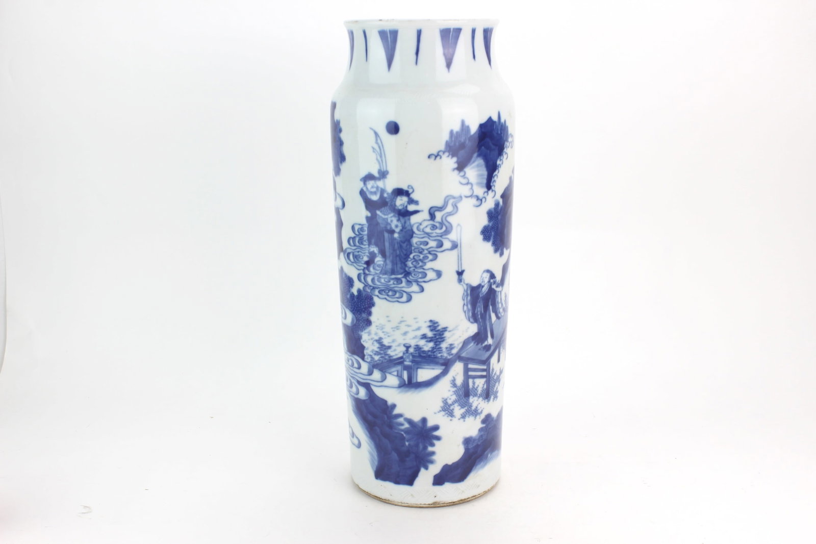 Chinese B/W Figural Porcelain Cylindrical Vase: Chinese blue and white porcelain cylindrical vase with flared neck, decorated in underglaze blue with a continuous figural landscape scene depicting figures, architecture, trees, rocks and stylized cl