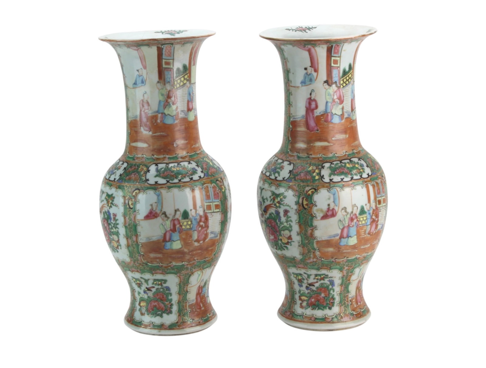 Pair Chinese Rose Medallion Porcelain Vases: Pair of Chinese export Rose Medallion porcelain vases with flared rims, richly decorated with figural court scenes, birds, flowers, and foliage in colorful enamel panels. Both show age-related wear, e