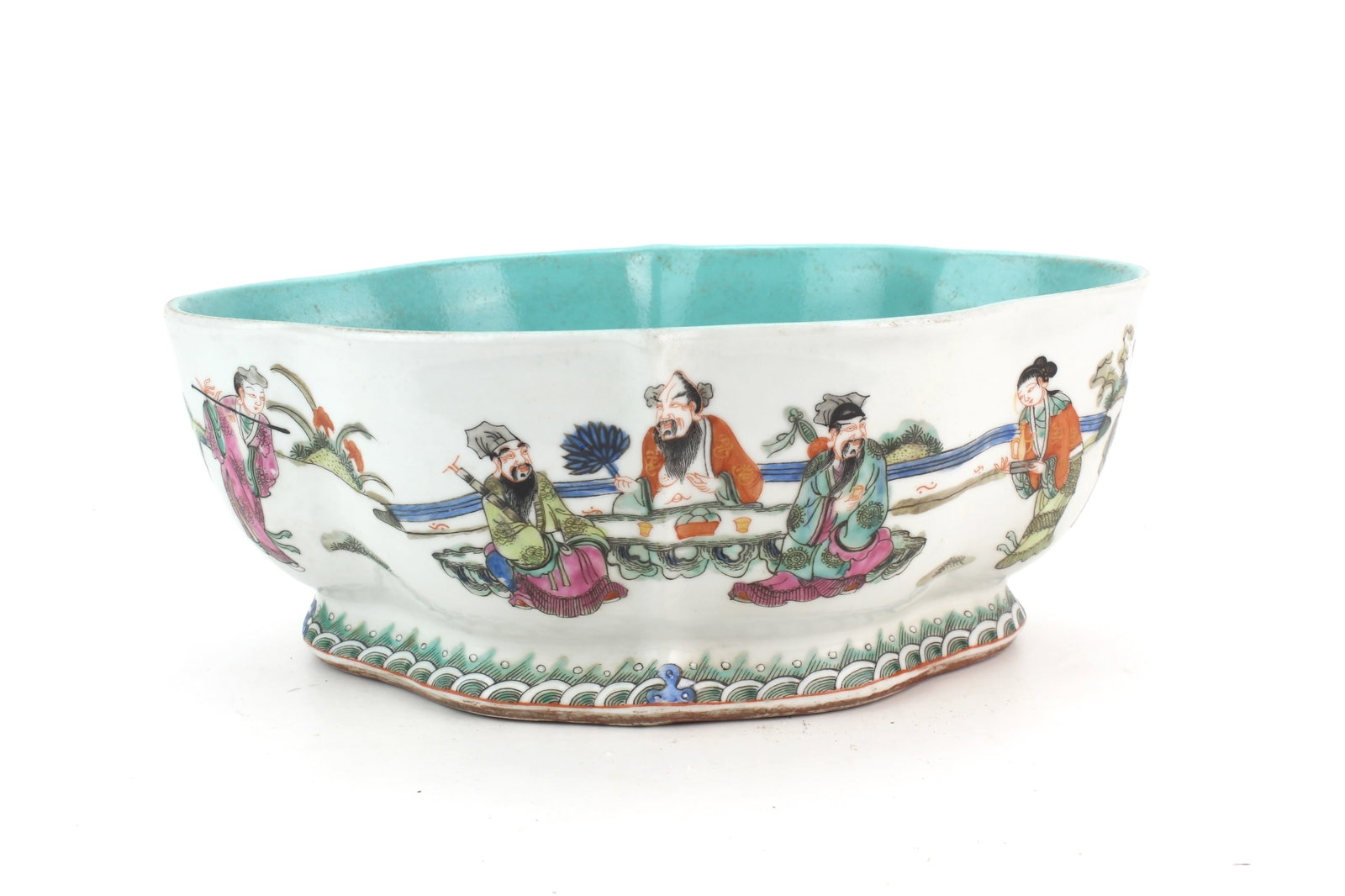 Chinese Famille Rose Porcelain Figural Bowl: Chinese famille rose porcelain lobed bowl decorated with colorful figural garden scenes, turquoise-glazed interior, and red seal mark on base. Overall good condition with minor age-related wear and st