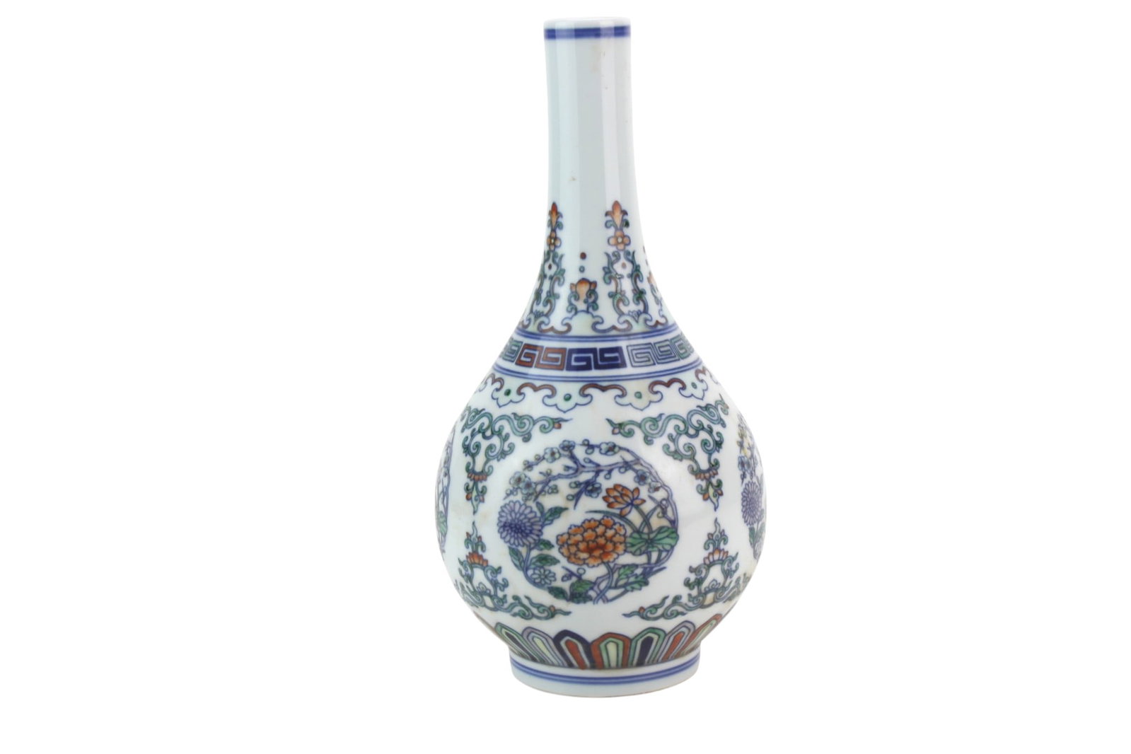 Chinese Famille Rose Floral Porcelain Vase: Chinese famille rose porcelain vase decorated with floral medallions, scrolling motifs, and colorful geometric borders. Blue six-character seal mark on base. Measures 10 in. (H) X 5 1/2 in. (D). Overa