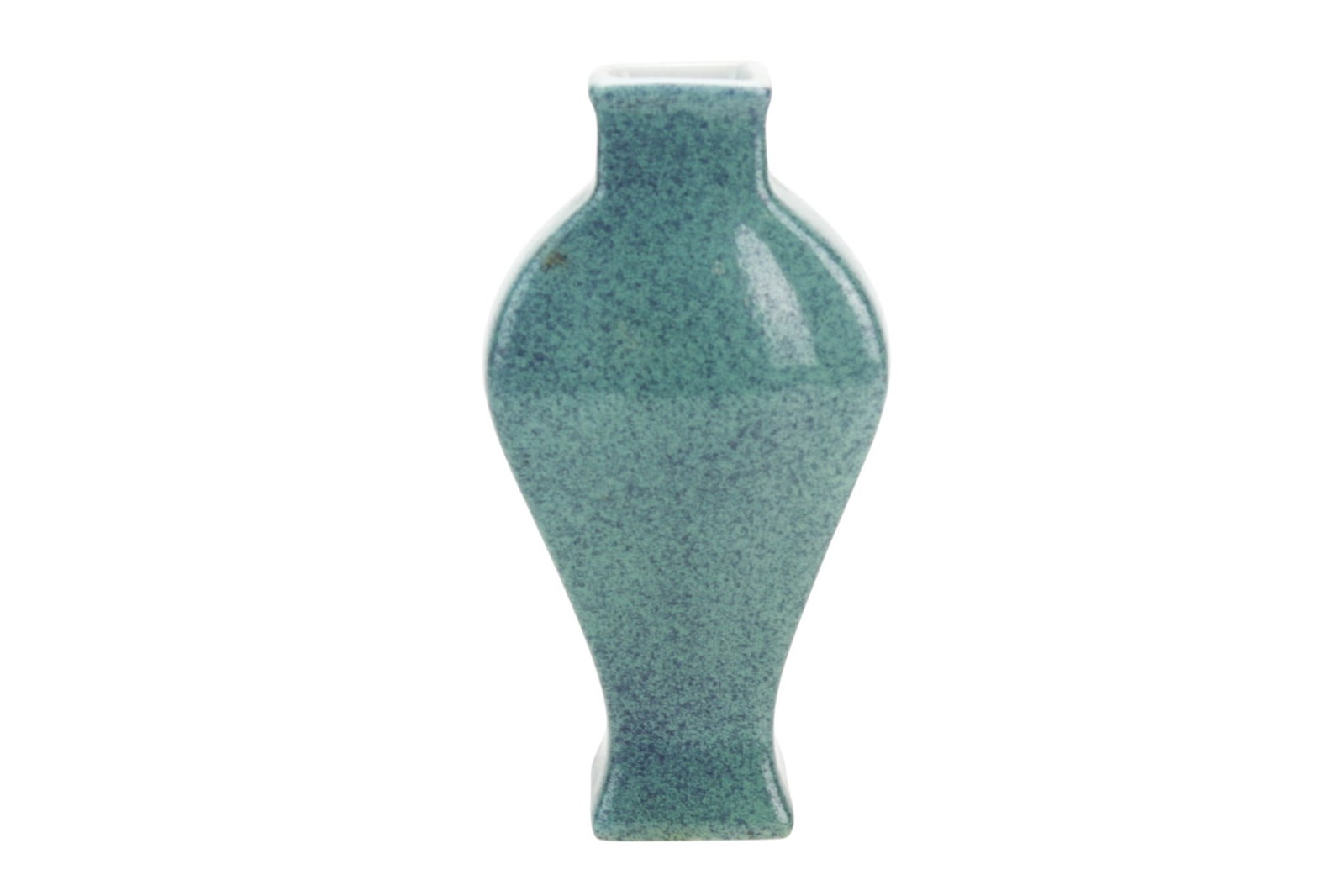 Chinese Green Glazed Porcelain Vase: Chinese porcelain vase of square baluster form with an overall mottled green glaze and a red seal mark on the base. Measures 4 1/2 in. (H). Overall good condition with minor surface wear and soiling