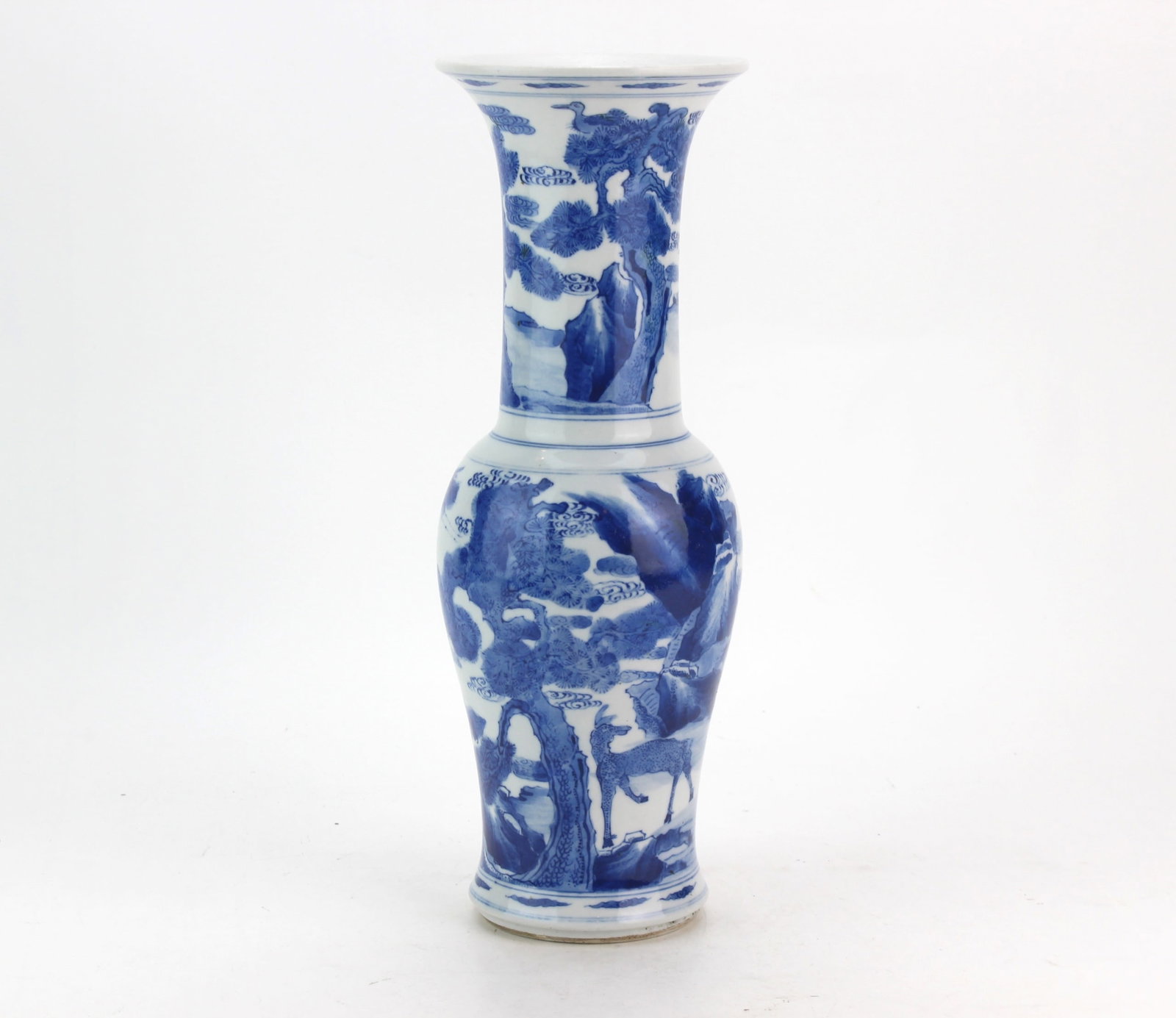Chinese Blue & White Deer Crane Yen-Yen Vase: Chinese blue and white porcelain phoenix-tail (yen-yen) vase, decorated with deer and cranes amid pine trees, rocks, and stylized clouds. Six-character Kangxi mark to the underside. Measures 11 1/4