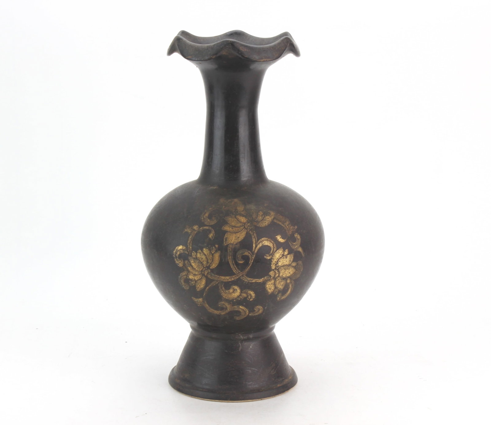Chinese Black Glazed Gilt Decorated Vase: Chinese porcelain vase with a dark black-brown glaze, globular body, tall neck, and flared lobed rim. Decorated in gilt with floral motifs on one side and Chinese calligraphy on the reverse. Measures