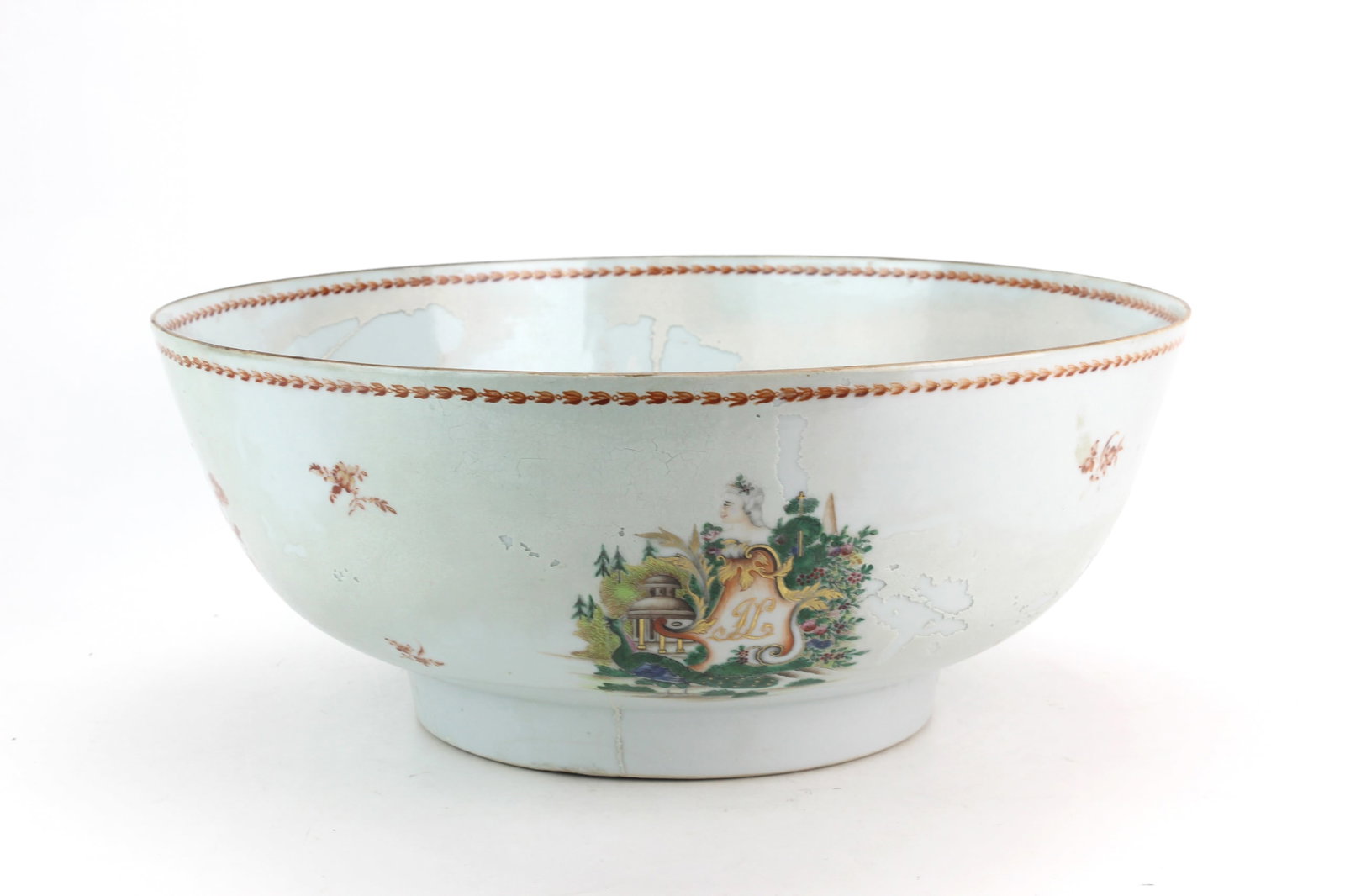 Chinese Export Porcelain Punch Bowl: Large Chinese export porcelain punch bowl decorated with polychrome and gilt figural, peacock, floral, and monogrammed cartouche motifs. Measures 14 in. (D) x 5 3/4 in. (H). Condition: extensive old