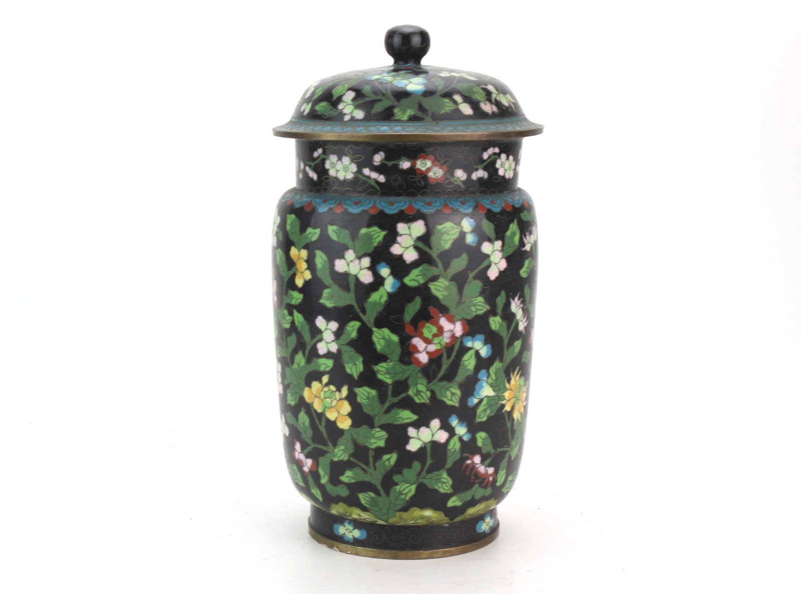 Chinese Floral Cloisonne Lidded Jar: Chinese cloisonne lidded jar decorated with colorful floral and foliate motifs against a black ground, with blue enamel interior and fitted domed cover. Marked ?CHINA? on the underside. Overall good