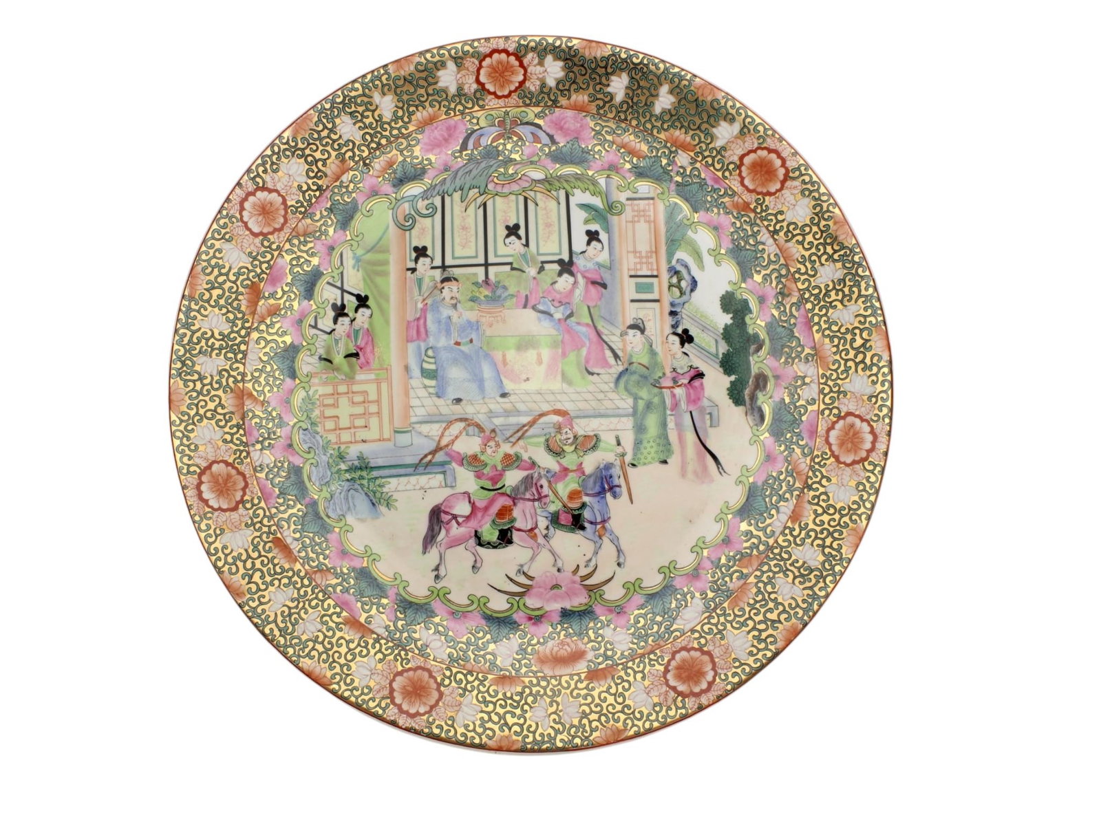 Chinese Famille Rose Figural Platter: Chinese famille rose porcelain platter, finely decorated with a central figural courtyard scene depicting mounted warriors and attendants, surrounded by elaborate floral and gilt-pattern borders. Reve