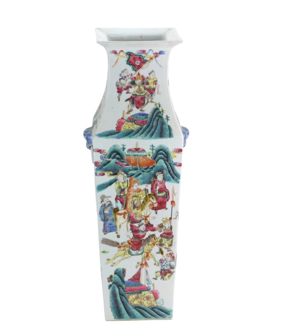 Chinese Famille Verte Figural Vase: Chinese famille verte porcelain vase of tall rectangular form with flared square rim and applied mask-and-ring handles. Decorated in colorful enamels with continuous figural scenes of warriors on