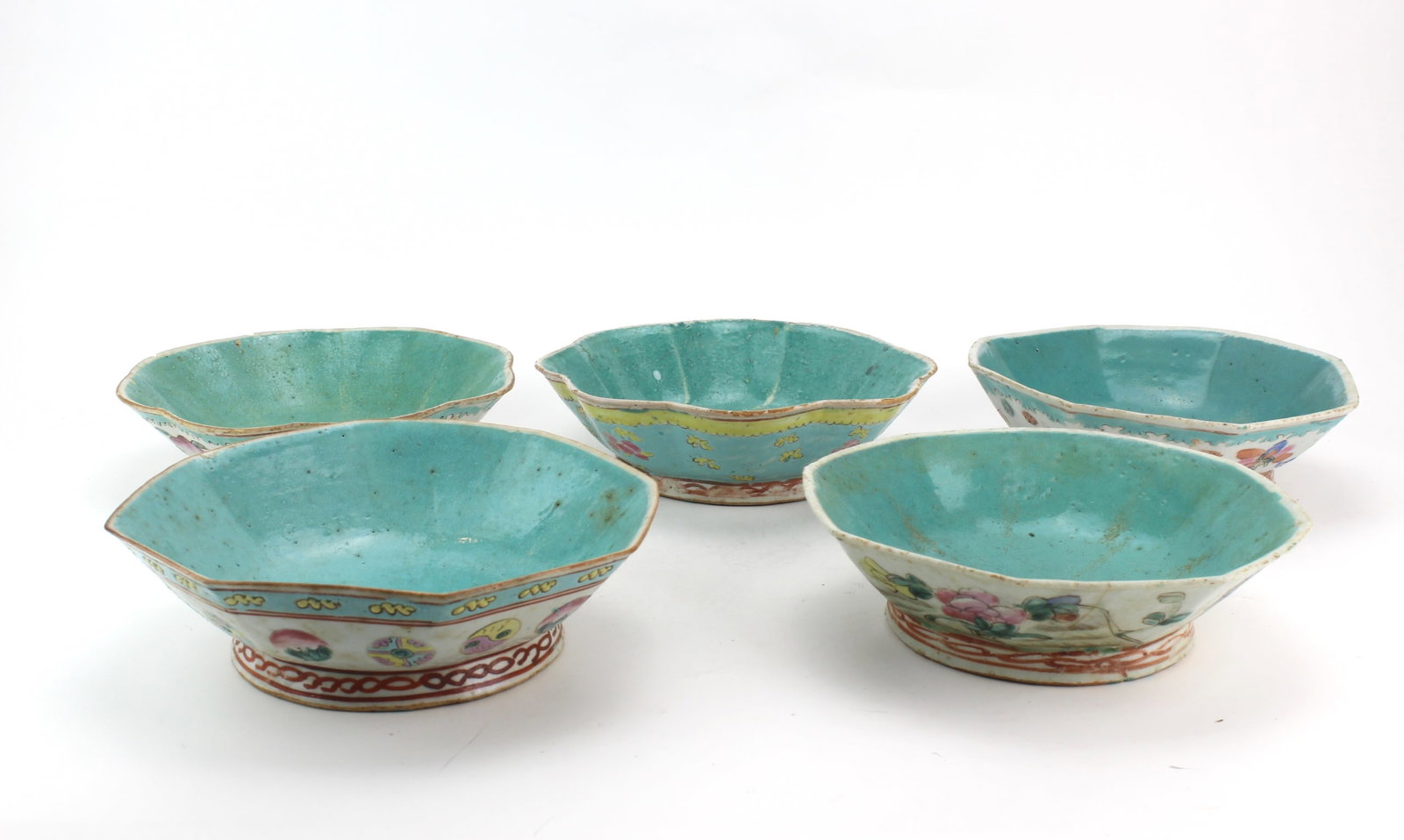 Five Chinese Famille Rose Bowls: Group of five Chinese famille rose porcelain bowls with turquoise glazed interiors and floral exterior decoration. Each measures approximately 8 in. (D) x 2 1/4 in. (H). Various forms and