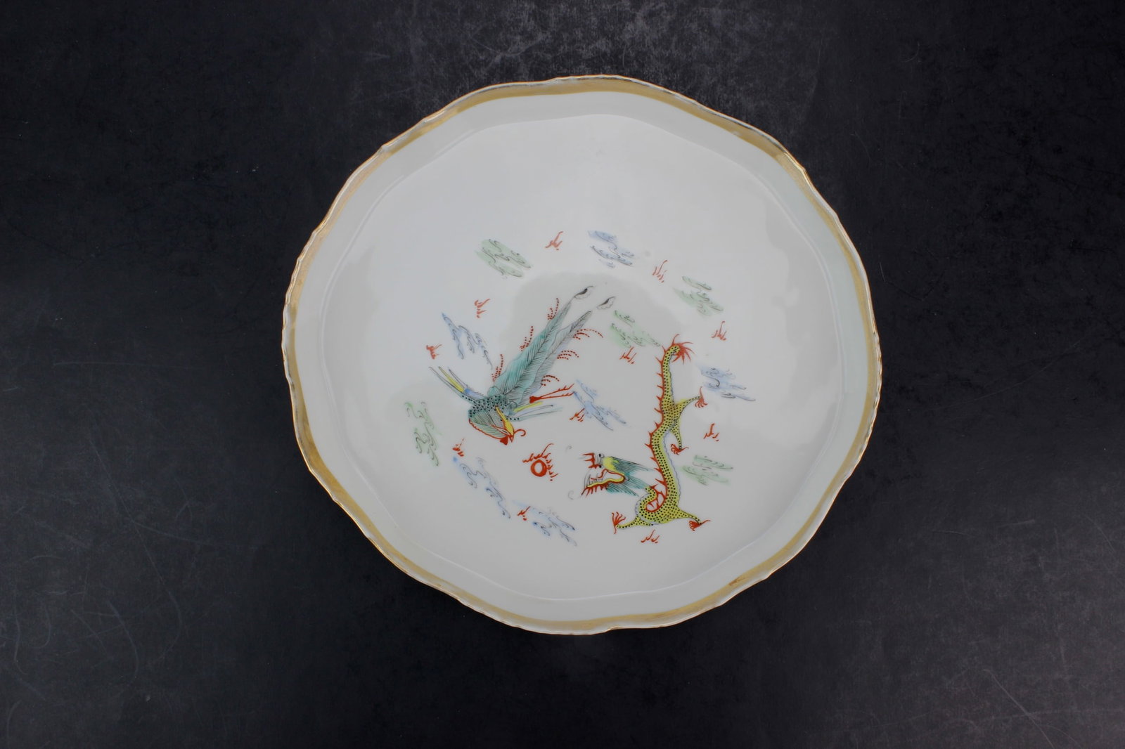 Chinese Dragon & Phoenix Porcelain Serving Tray: Chinese porcelain serving tray decorated with dragon and phoenix motifs, accented with a gilt scalloped rim. Measures approximately 1 in. (H) x 11 in. (L) x 10 in. (W). Appears in good overall