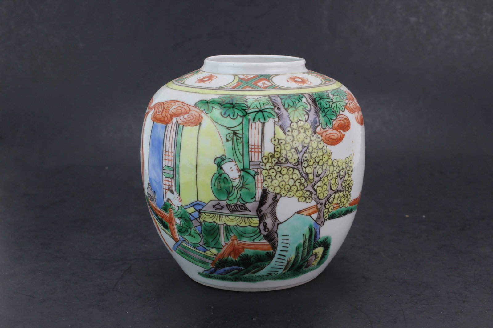 Chinese Famille Verte Porcelain Jar: Chinese famille verte porcelain jar decorated with figural and landscape scenes in vibrant enamels. Measures approximately 5 in. (H) x 5 1/2 in. (D). Overall good condition with light wear and minor